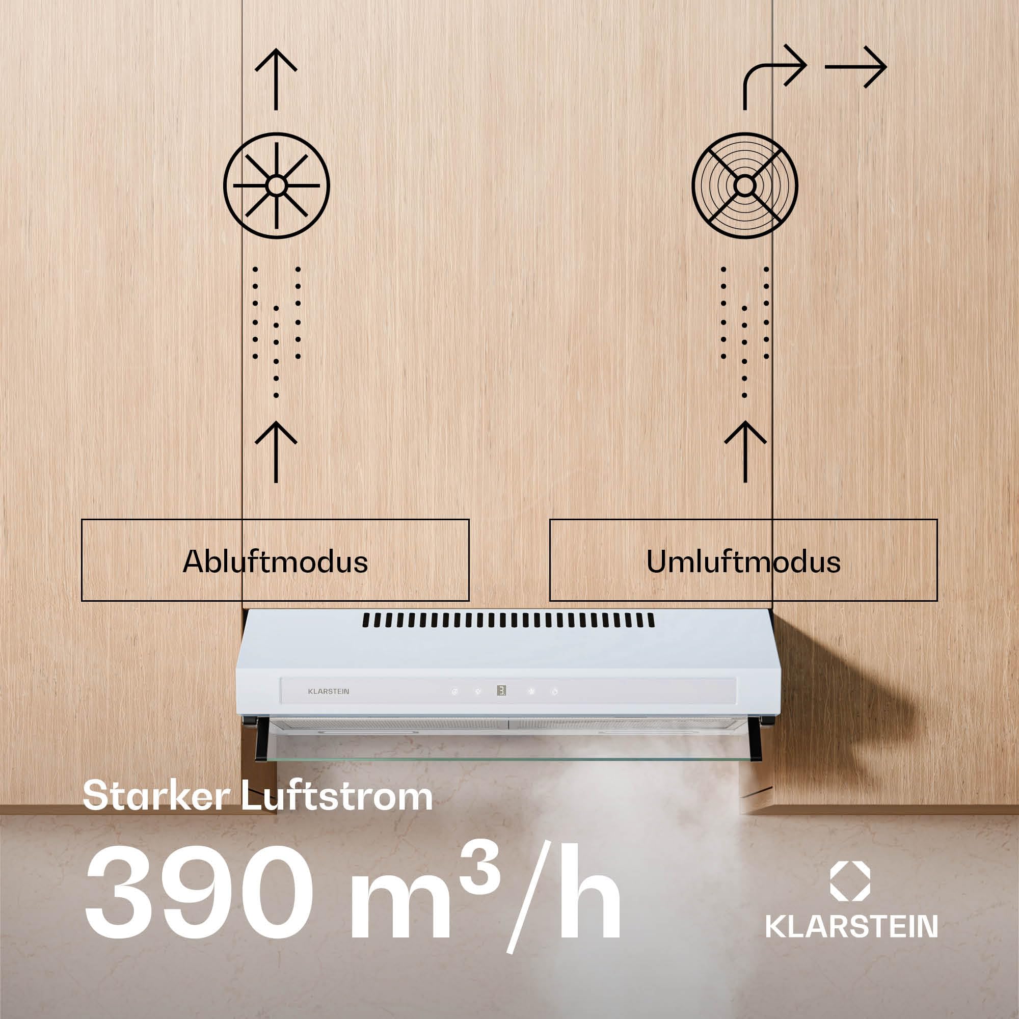 Klarstein Purista Force Unterbaudunstabzugshaube 60 cm LED-Touchpanel 400 m³/h Duale Motortechnologie Energieeffizienz C