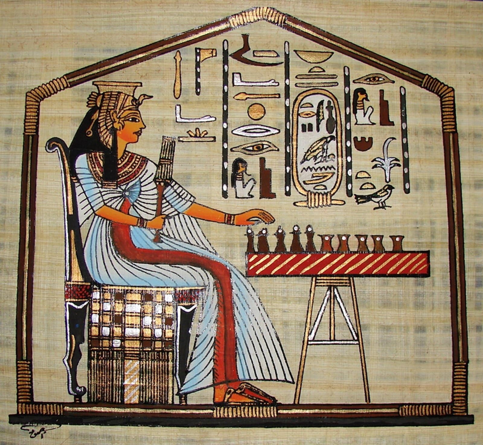 Egyptian Hand-Painted Papyrus (Imported): Queen Nefertari Playing Senet Signed