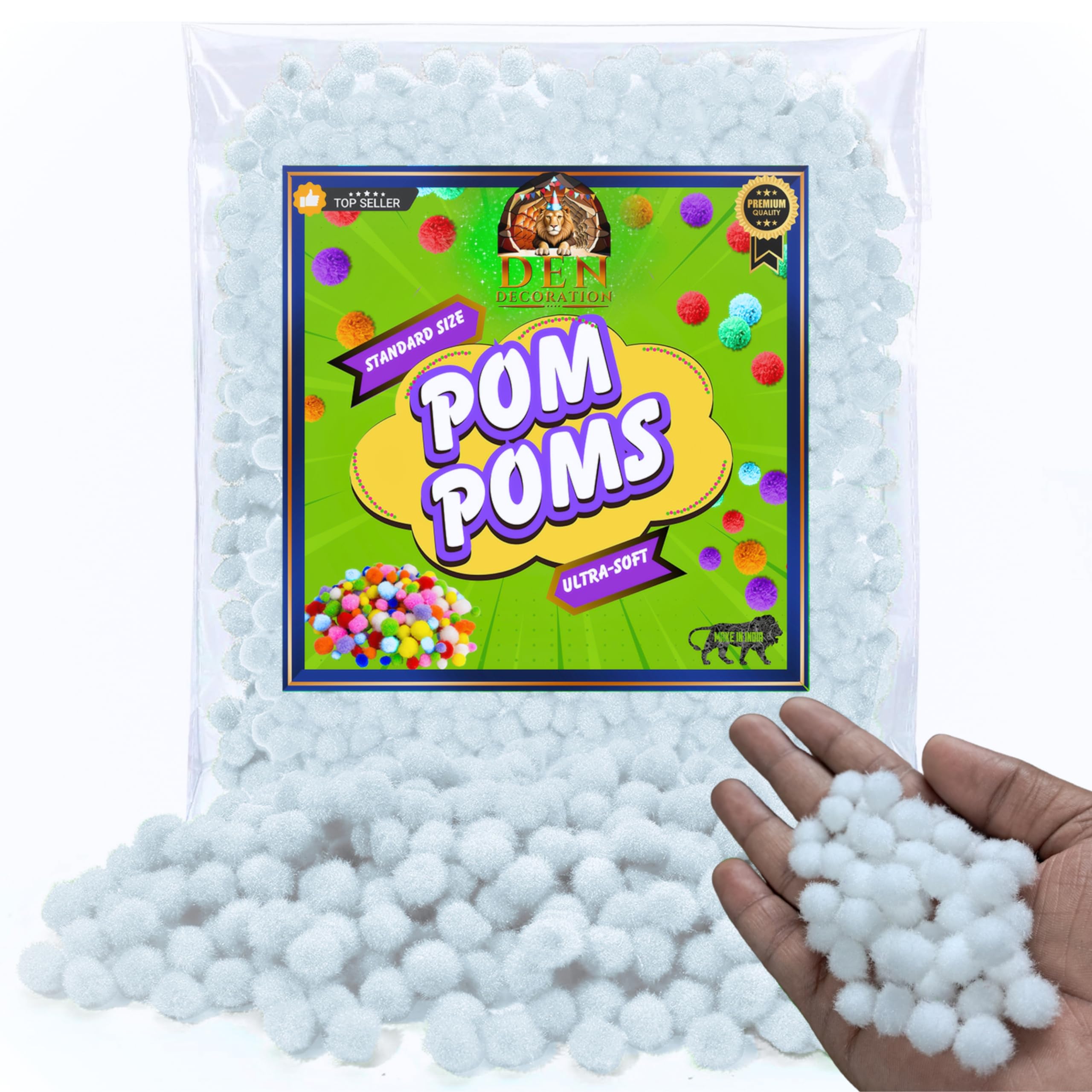 DEN DECORATION Premium Soft Tiny Pom Pom Balls for Craft (1 cm) (Snow White, 100)