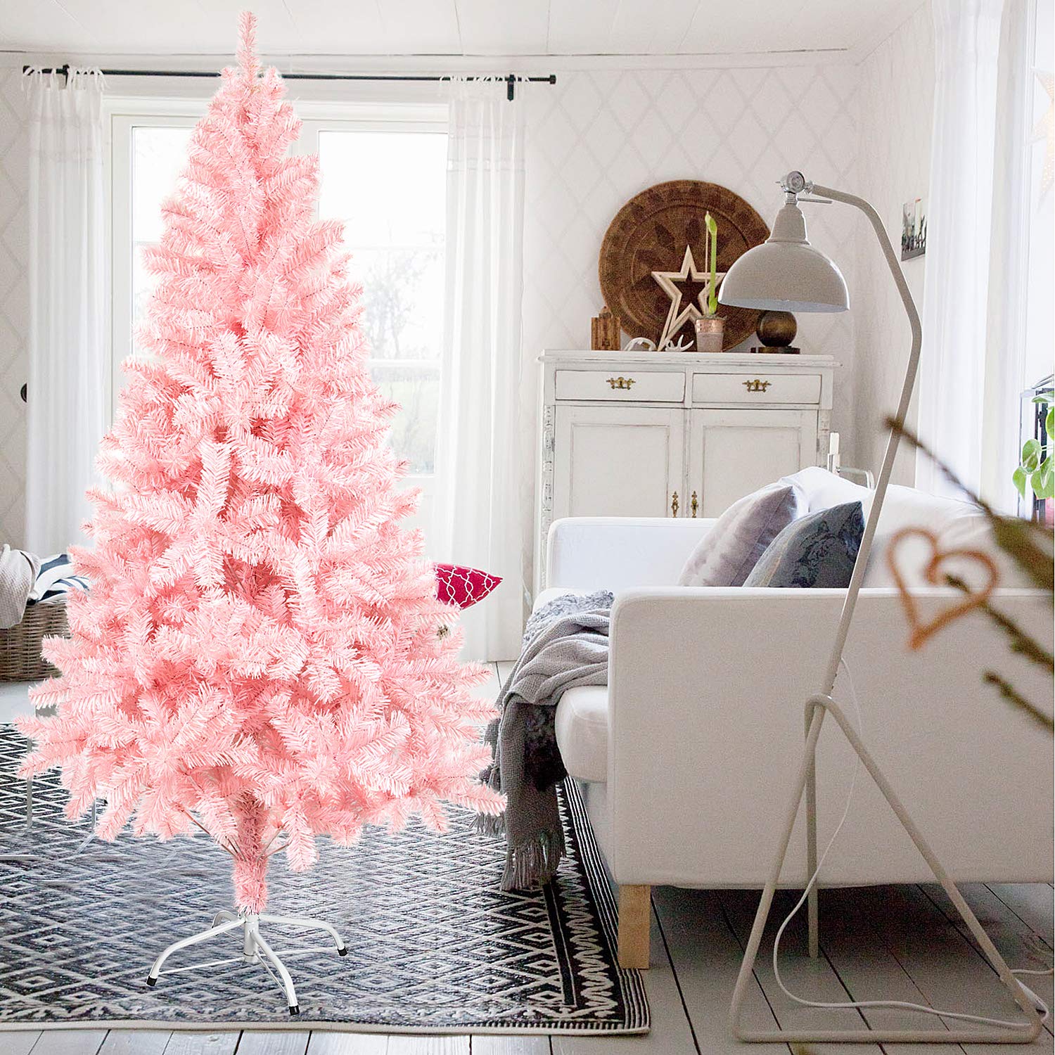 Árbol de Navidad Artificial Árbol Espeso y Lujo con Soporte Metálico, Árbol de Material de PVC - Rosado Claro (120cm, 200puntas)
