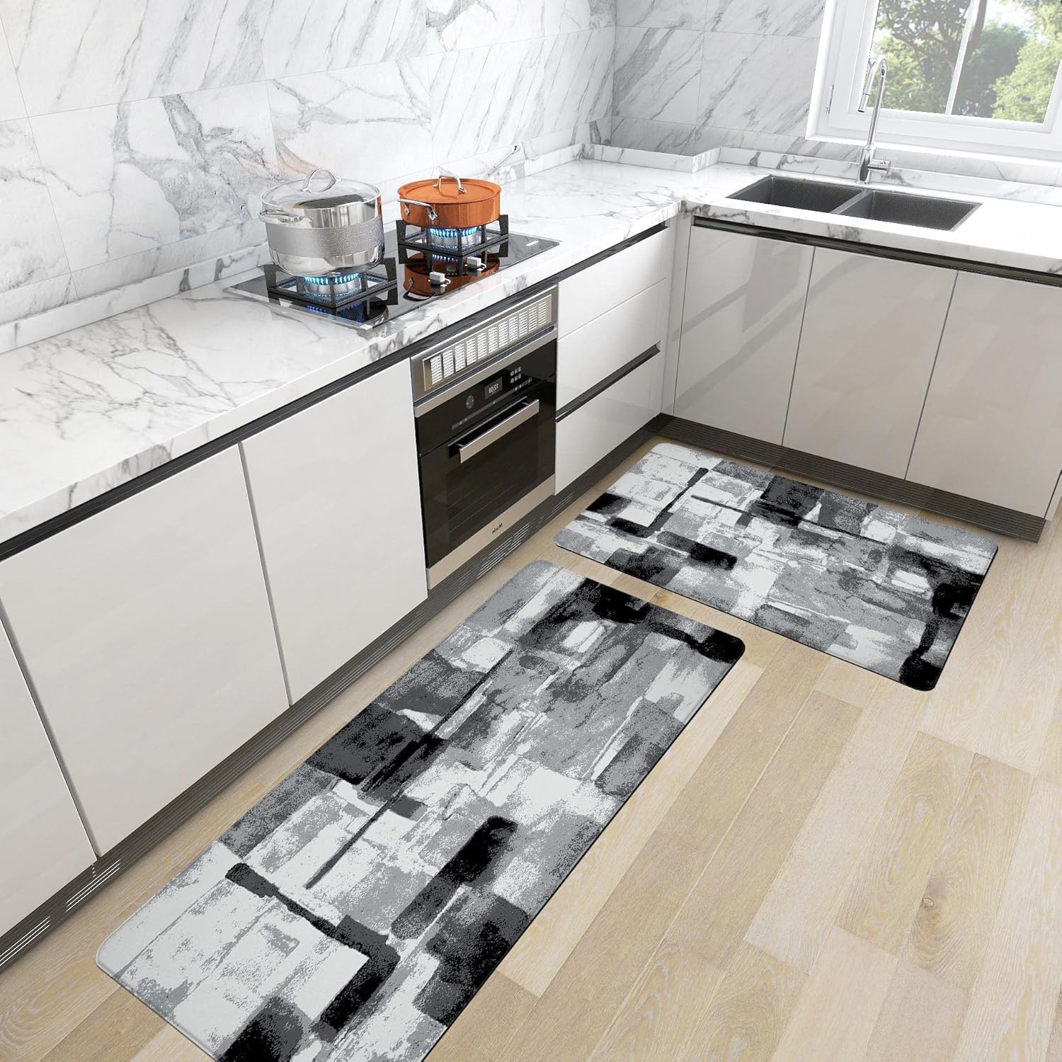 Black Grey Kitchen Rugs Mats Set 2 Pieces Abstract Modern