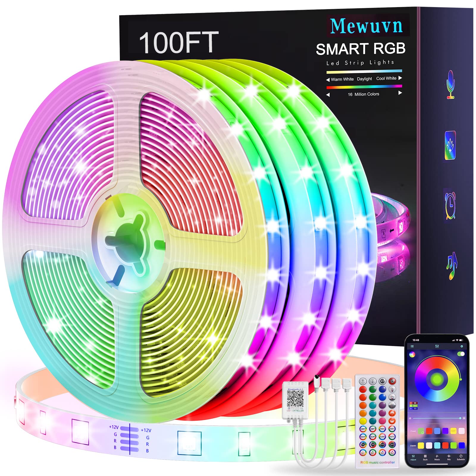 Amazon.com: 100ft Led Strip Lights, Mewuvn Music Sync Color Changing Led  Lights for Bedroom, (3 Rolls of 33.3ft) 5050 SMD RGB Led Light Strips with  App Remote Control Led Lights for Party,