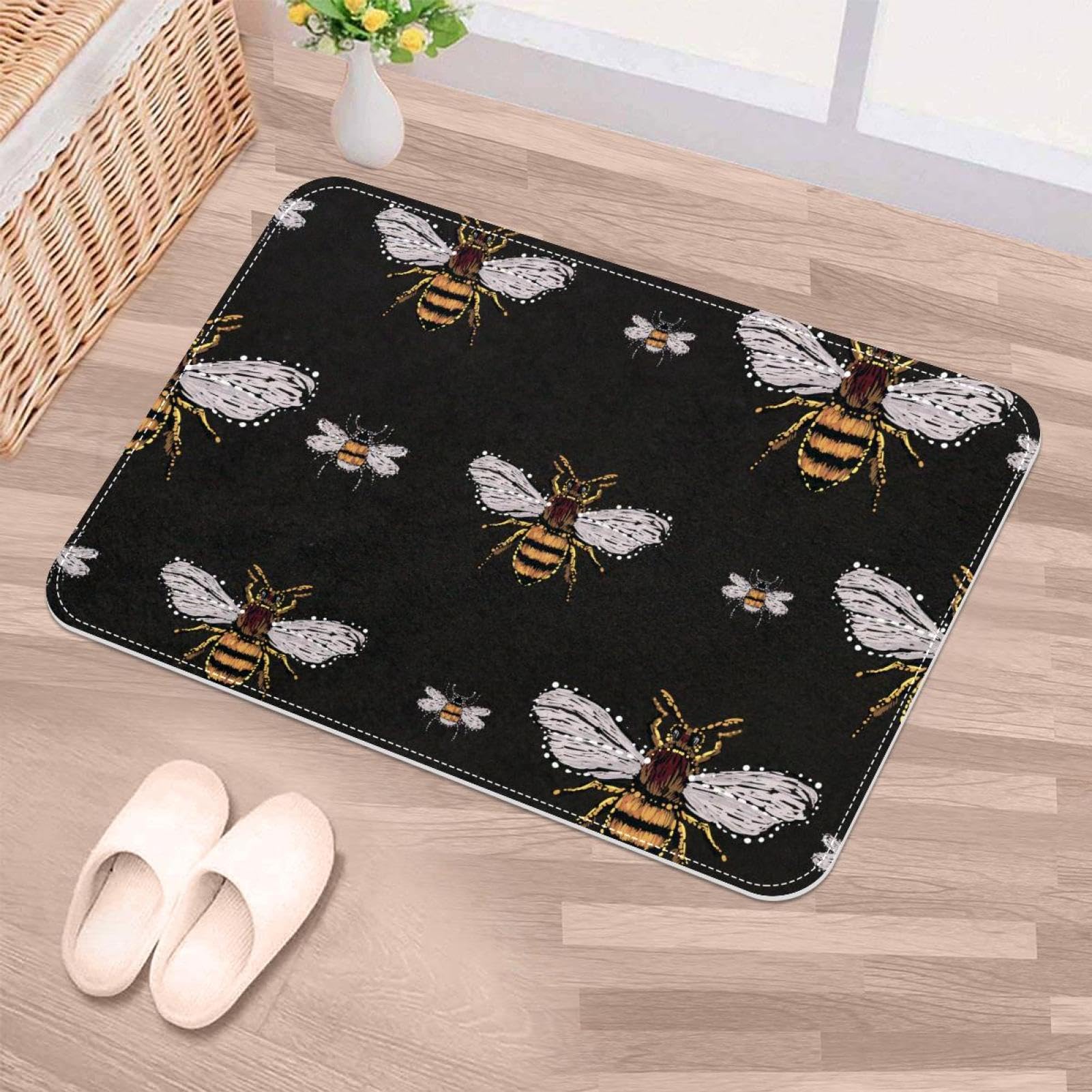 Luoweisi Indoor Door Mats Embroidery Bee, 50 x 80 cm Door Mat Non slip Backing, Dirt Trapper Mat Absorbent Non-Slip Doormat for Entrance, Inside, Kitchen, Front Back Door