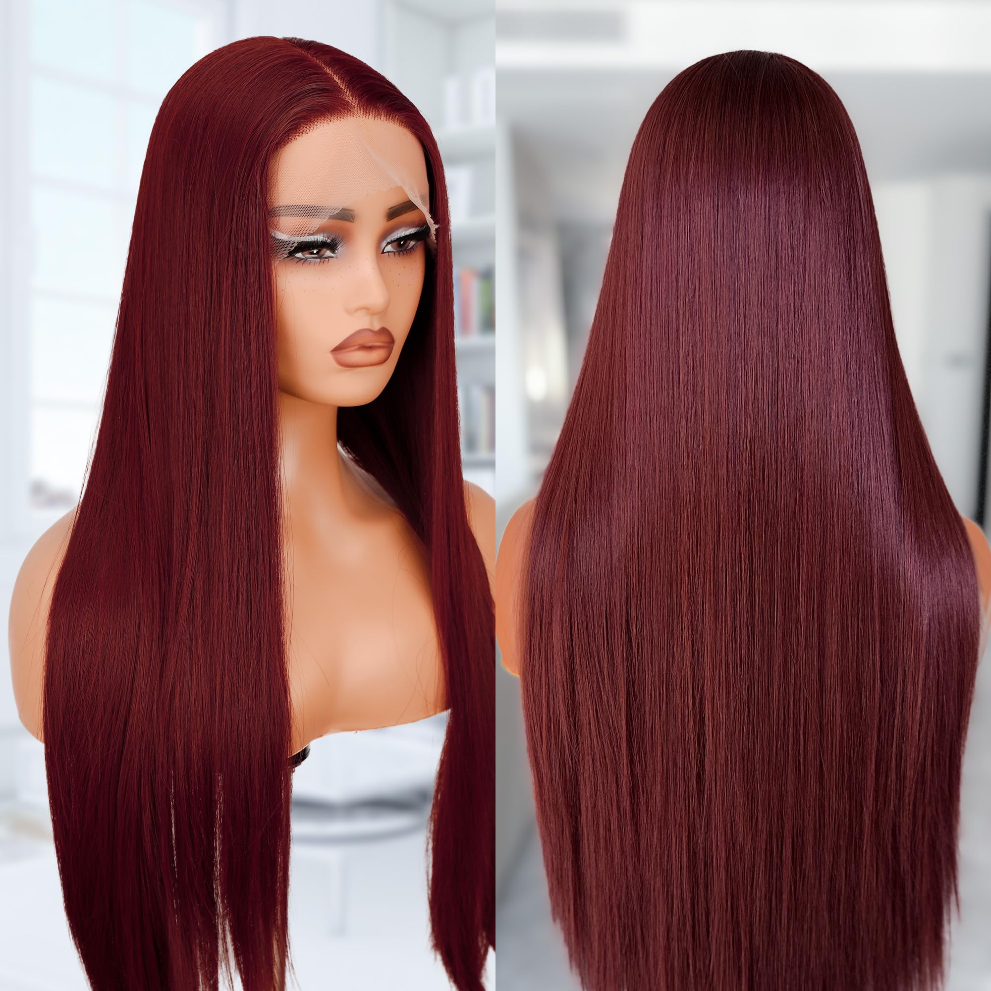 Photo 1 of Burgundy Lace Front Wigs 30 Inch Wine Red Hair Wig Bug Red Synthetic Lace Front Wigs For Black Women (Burgundy 99j, 30 Inch)