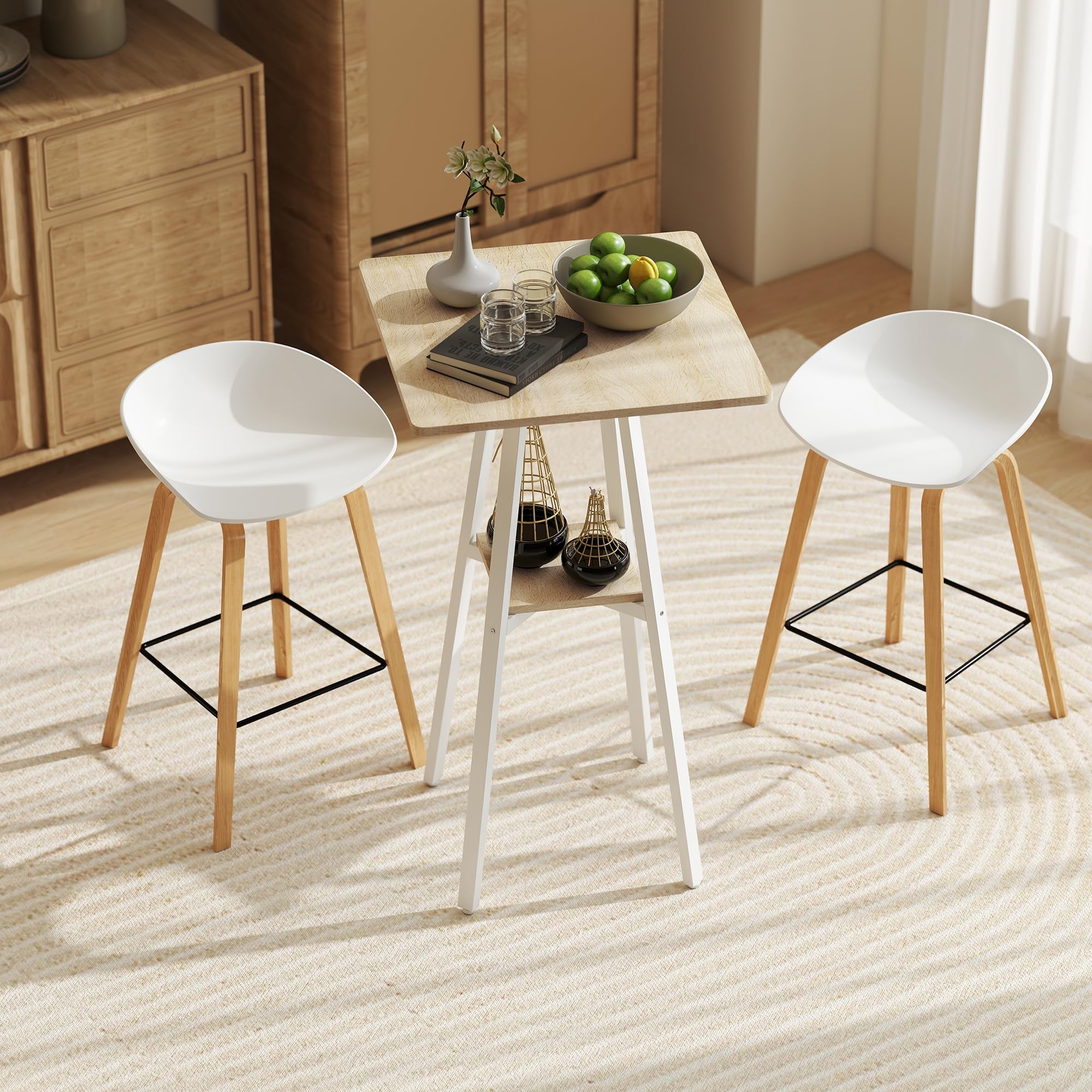 HOMCOM Mesa Alta Cocina Cuadrada con Estante de Almacenamiento, Mesa Alta Bar Moderna para 2 Personas con Marco de Metal para Salón y Comedor, 55x55x95 cm, Madera Natural y Blanco