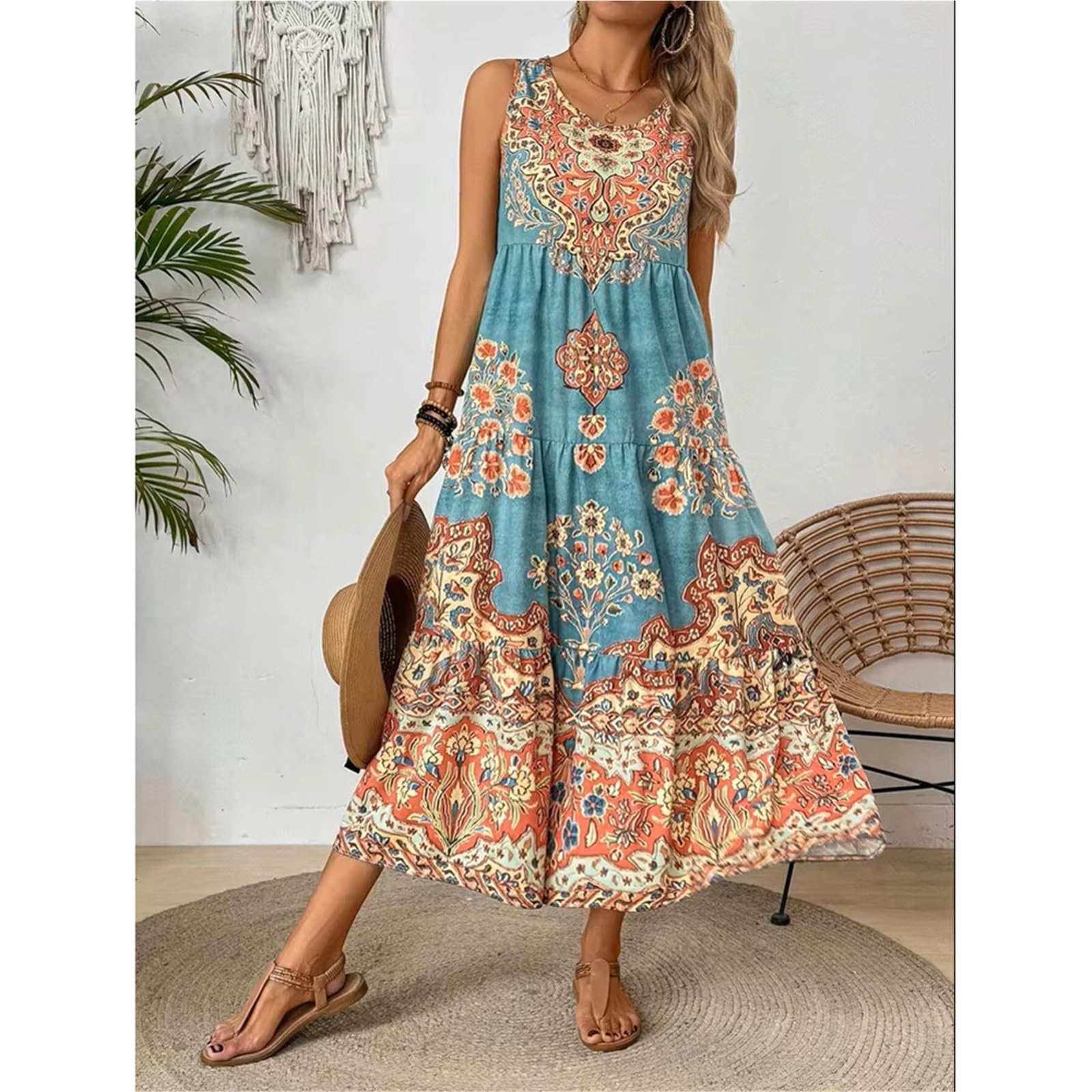 Vestido de Playa con Estampado Verano, Cuello Redondo, sin Mangas, for Mujer, Adecuado for Uso Informal o Vacaciones