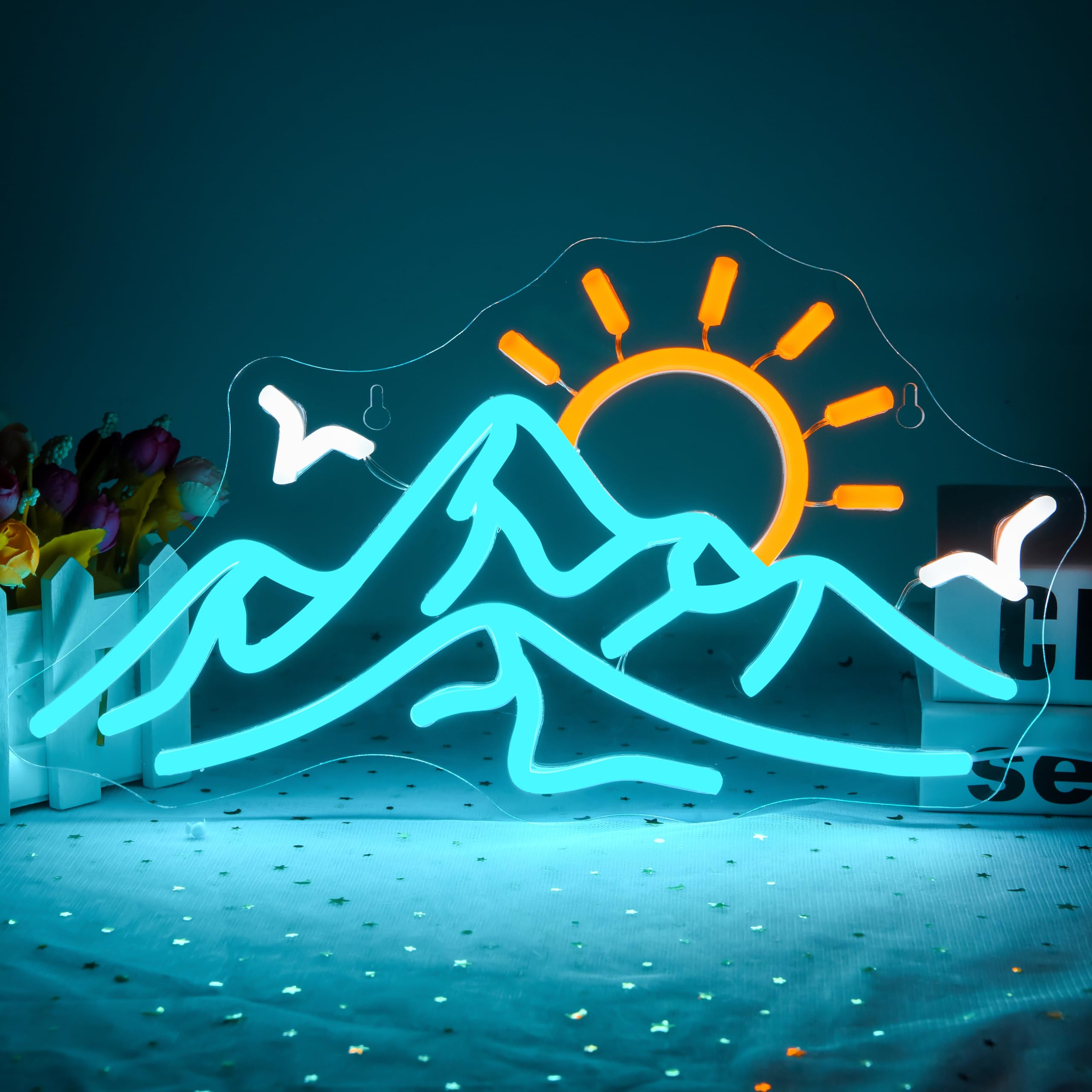 Mountain Neon Sign for Wall Decor,Mountain Wild Goose Neon Light for Bedroom,Sunrise&Sunset Led Neon Sign for Living Room, Hotel, Wall Decor Christmas Signs Ice Blue,Orange(XD061)