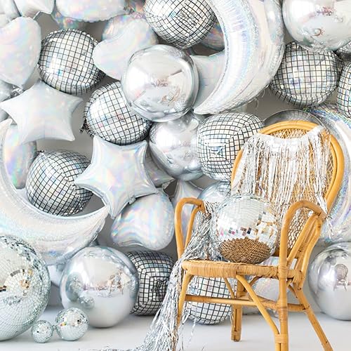 Miniatura 3 de PartyWoo Silver Balloons, 6 pcs Disco Silver Foil Balloons, 22 inch Giant 4D Foil Balloons and Ribbon, Large Mylar Balloons, Wedding Decorations,