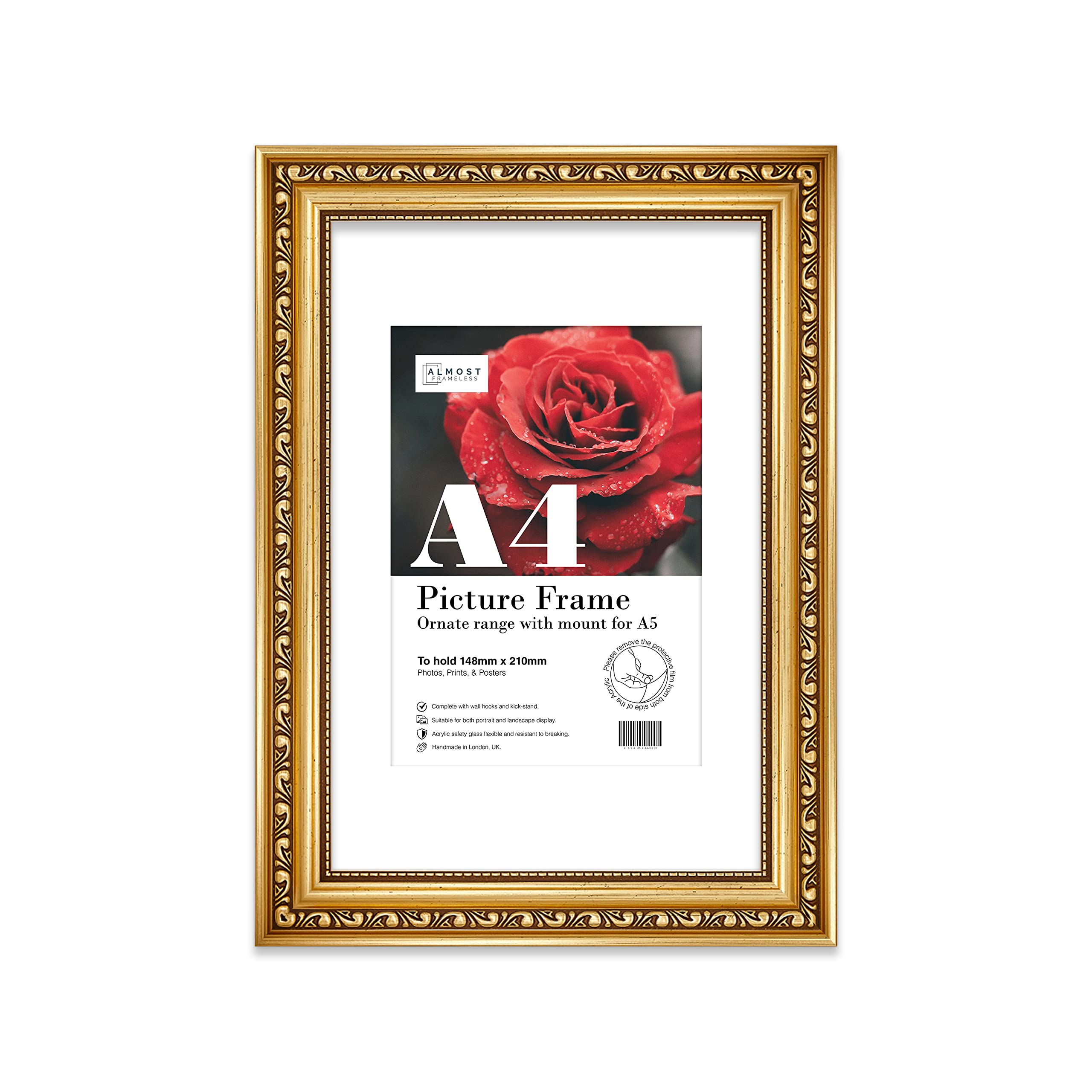 A4 Gold Ornate Picture Frame With White Mount for A5 (14.8 x 21cm - 5.8 x 8.3in) Poster, Photo, Artwork, or Print. Portrait and Landscape Display with Wall Hooks