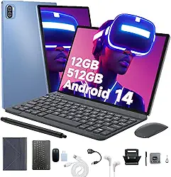 3 em 1 Tablet, com Capa/Teclado/Mouse, 10.1 Polegada, 1920×1200 Tela, 1920x1200 Tela Processador Octa-Core, 12GB RAM+512GB ROM, Câmera de 16MP + 32MP, Android 14, 8000mAh, Versão WiFi (Ouro rosê)