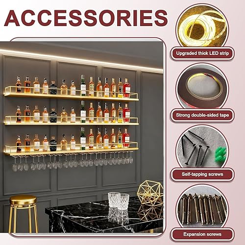 Vista 6 de Estante de vino montado en la pared de metal de 55 pulgadas con luces LED de 3 niveles, estantes flotantes para bar con soporte para copas de vino