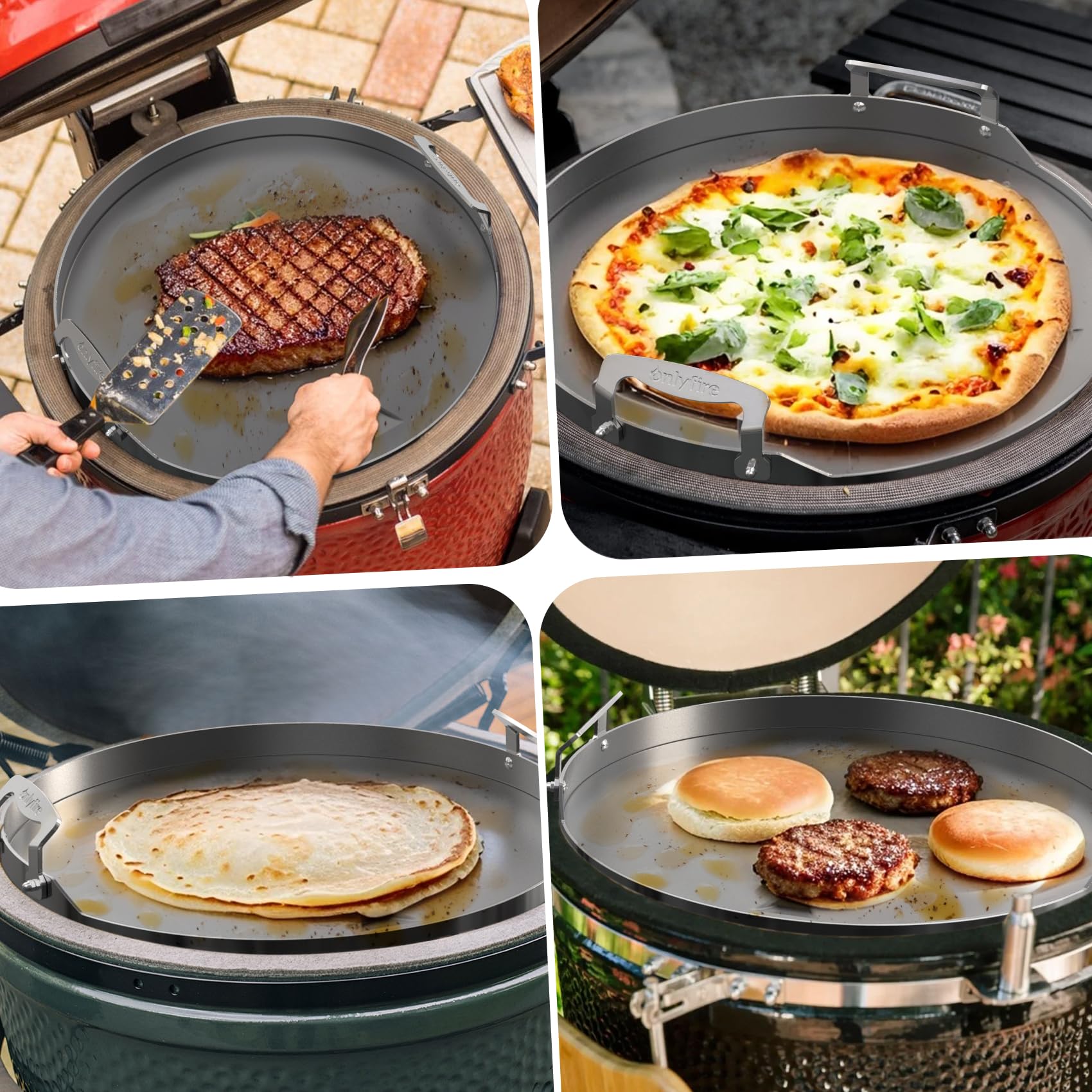 Onlyfire Flat Top Piastra per Griglia in Acciaio per Kamado Joe Classic, Inserto per Piastra con Manico Staccabile per Large Big Green Egg e Altri Grill in Ceramica di Dimensioni Simili