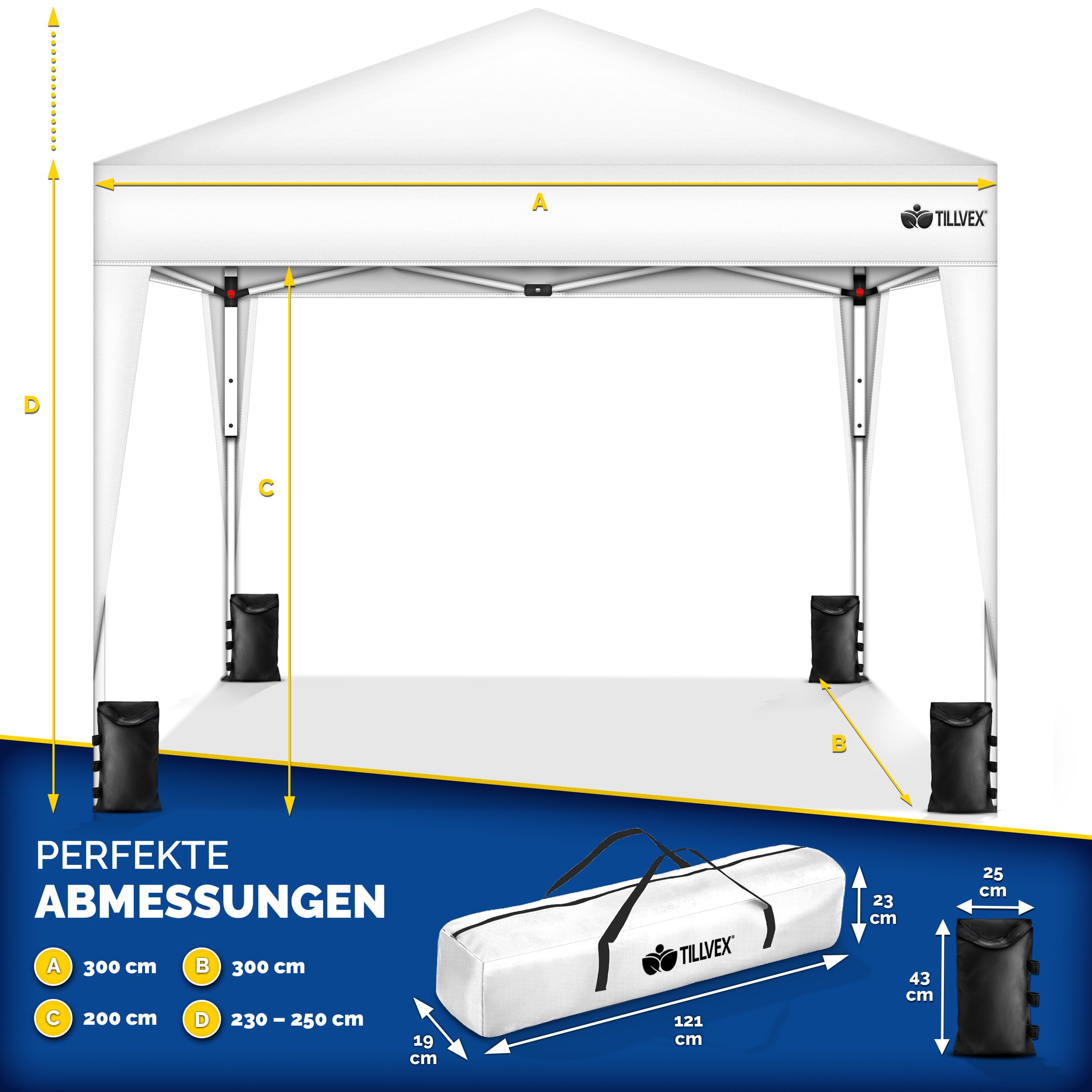 Tillvex Gazebo 3x3m Impermeabile Pieghevole Pop-Up Regolabile in Altezza con Protezione UV 50+ Tenda da Giardino Bianco