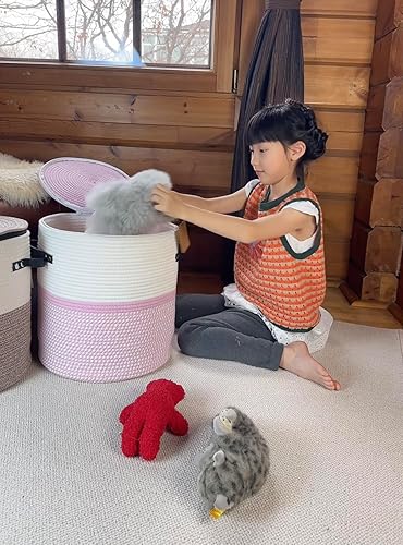 Miniatura 7 de Cesta de almacenamiento de cuerda de algodón con cubierta de cremallera y cestas tejidas con tapa, cesta de almacenamiento multiusos fácil de mover