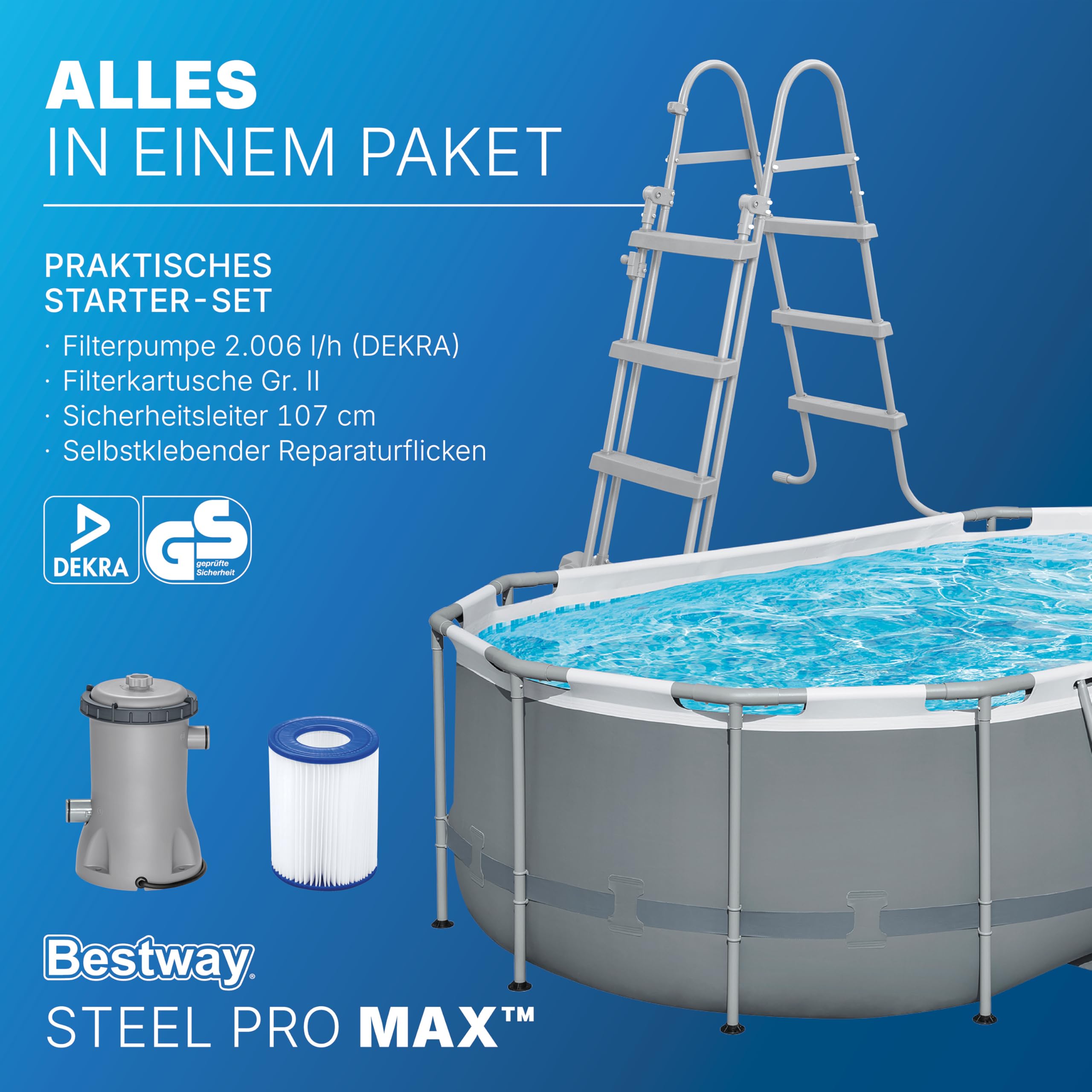 Bestway Power Steel Frame Pool Set mit Filterpumpe 427 x 250 x 100 cm, grau, oval