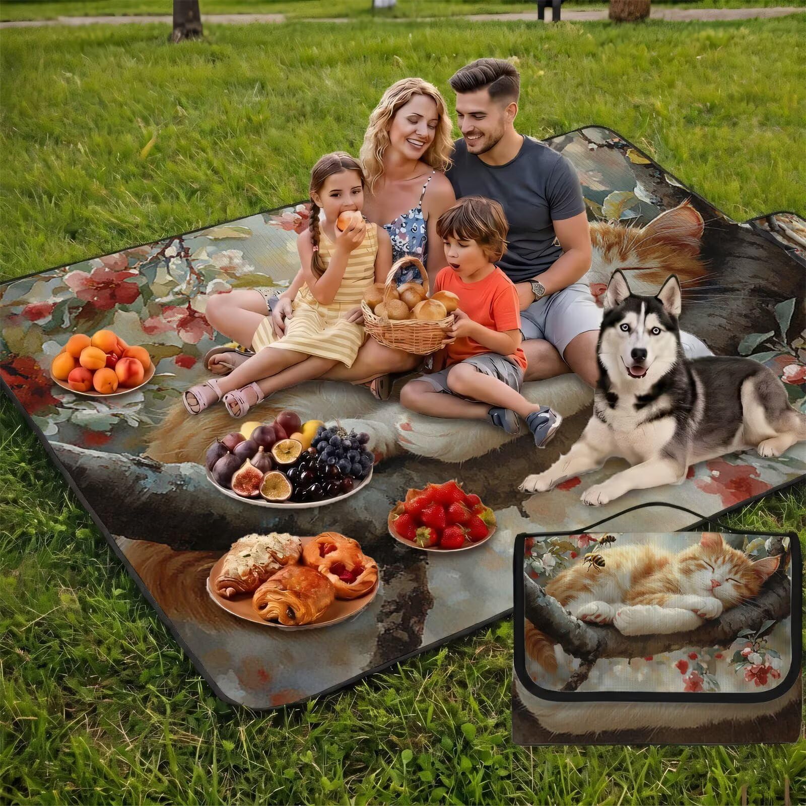 Couverture de Pique-Nique Grande 200x300cm,Outdoor Couverture Imperméable,Pliable Tapis de Plage Dos en PVC Anti-Sable,Picnic Blanket pour Camping Accessoires,Jardin,Parc,Famille - chat,fleur(3) FZ-16