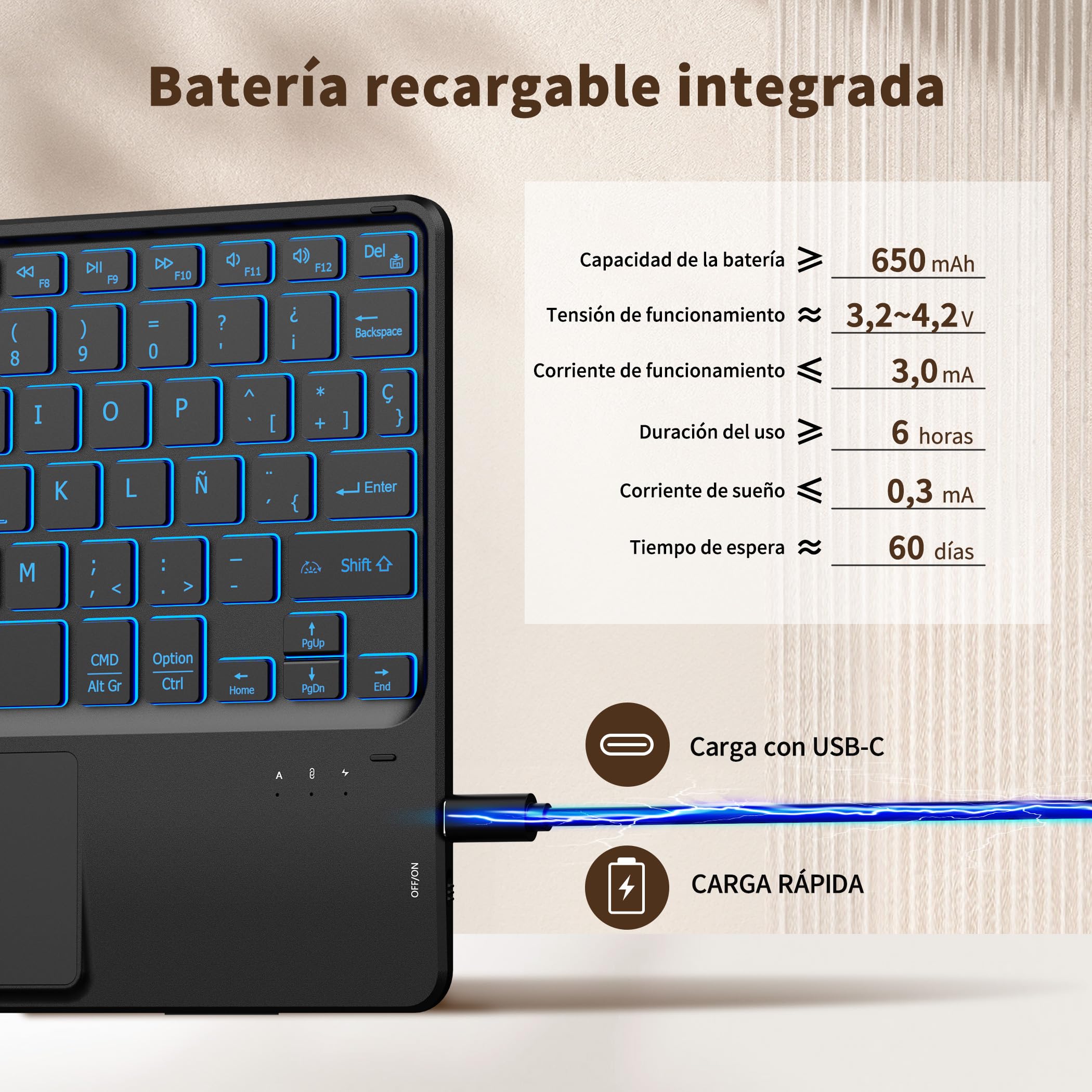 CACOE Teclado con TouchPad Bluetooth Inalámbrico de 10 Pulgadas, [Español] Delgado y Ligero Retroiluminado para iPad, Android Samsung Tablet, Xiaomi Pad, Huawei, Lenovo, Negro