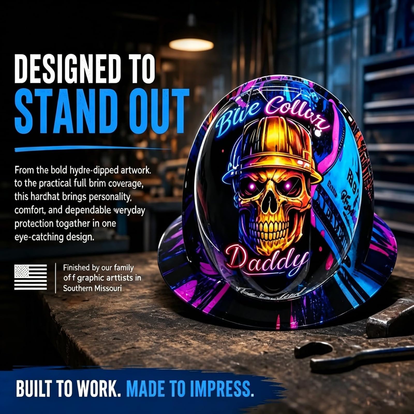 Casco da cantiere "Blue Collar Daddy" con stampa idrografica, casco da cantiere divertente, casco di sicurezza rigido con grafica a teschio, equipaggiamento da lavoro resistente agli urti