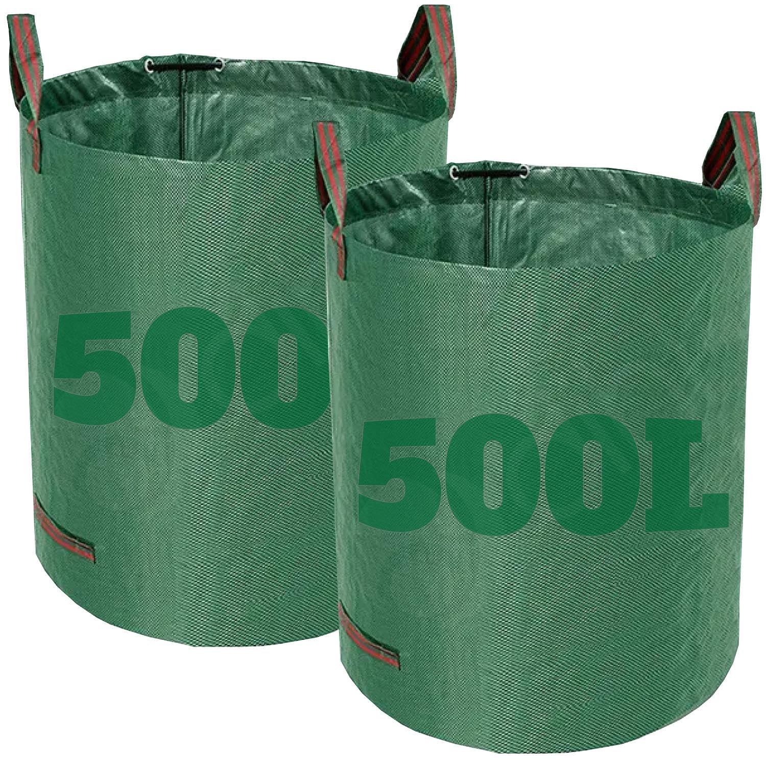 Dihl 500 Litre Heavy Duty Garden Waste Bags, Reusable Rubbish Sacks with Upper and Side Handles, 80cm ø x 100 cm, Green, Woven Polypropylene (Pack of 2)