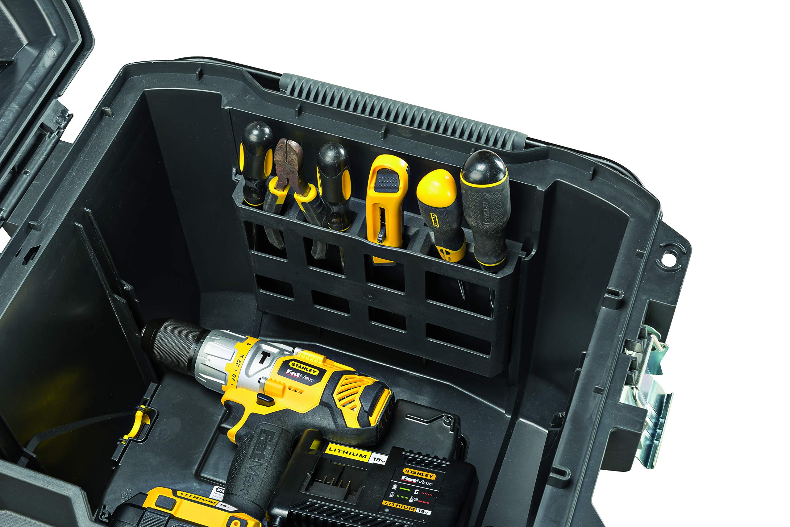 Stanley FatMax Mobile Werkzeugbox/Werkzeugbehälter (Koffer mit hohem Volumen 90 Liter, Kunststoffbox mit Vertiefung im Deckel, Metallverstrebungen) FMST1-73601