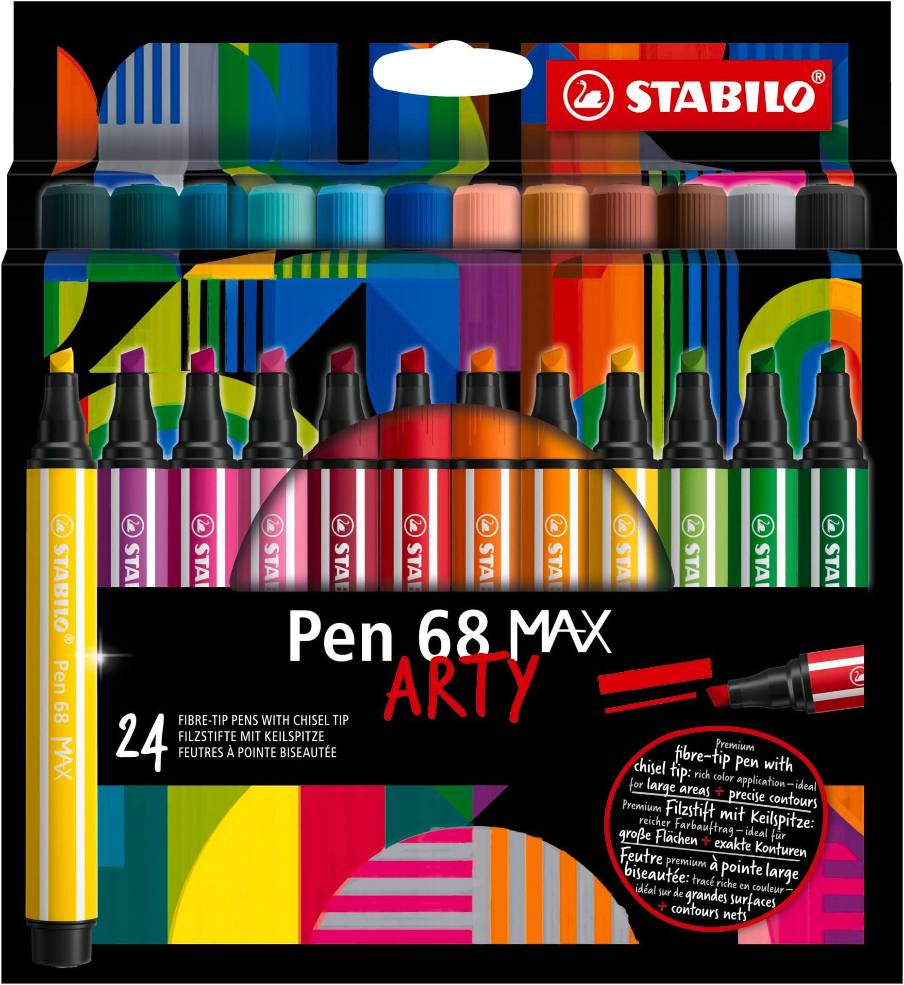 Pen 68 MAX - Premium Fibre-Tip Pen with Chisel Tip - ARTY - Pack of 24 - Assorted colors