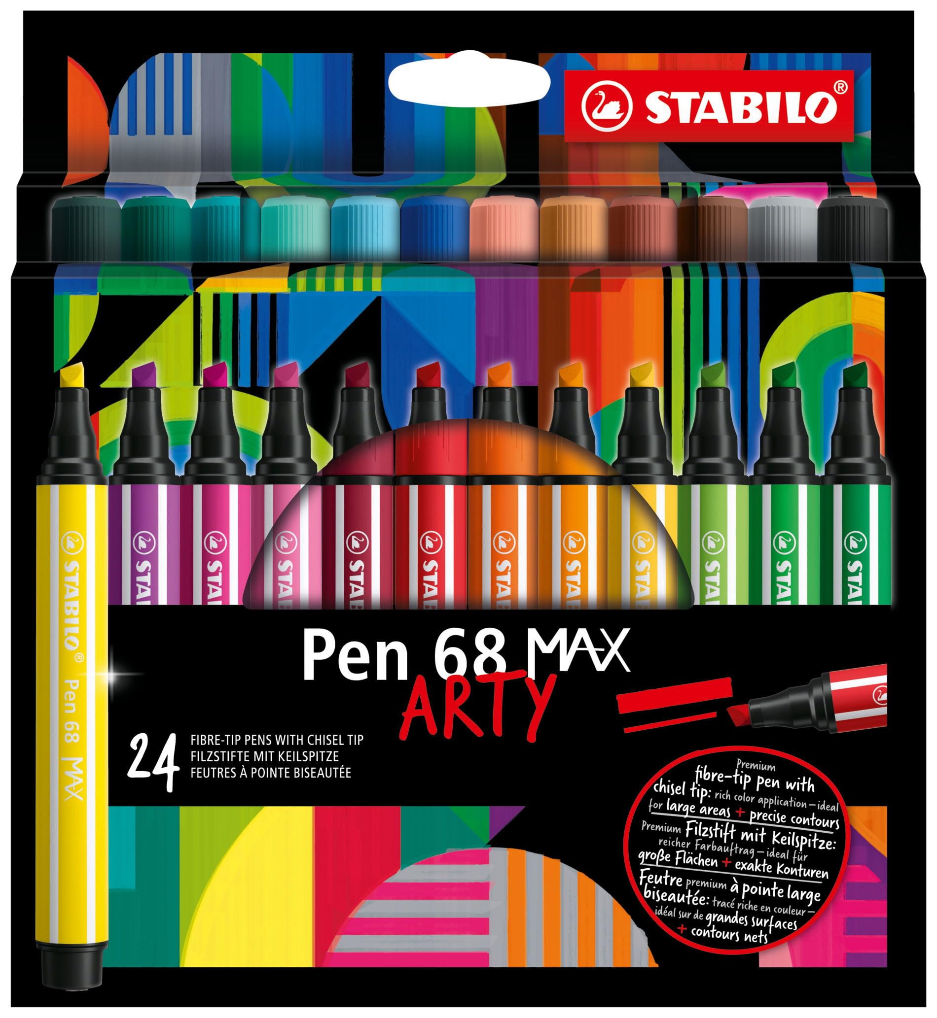 Premium Fiber-Tip Pen with Chisel Tip Pen 68 MAX - ARTY - Pack of 24 - Assorted Colors