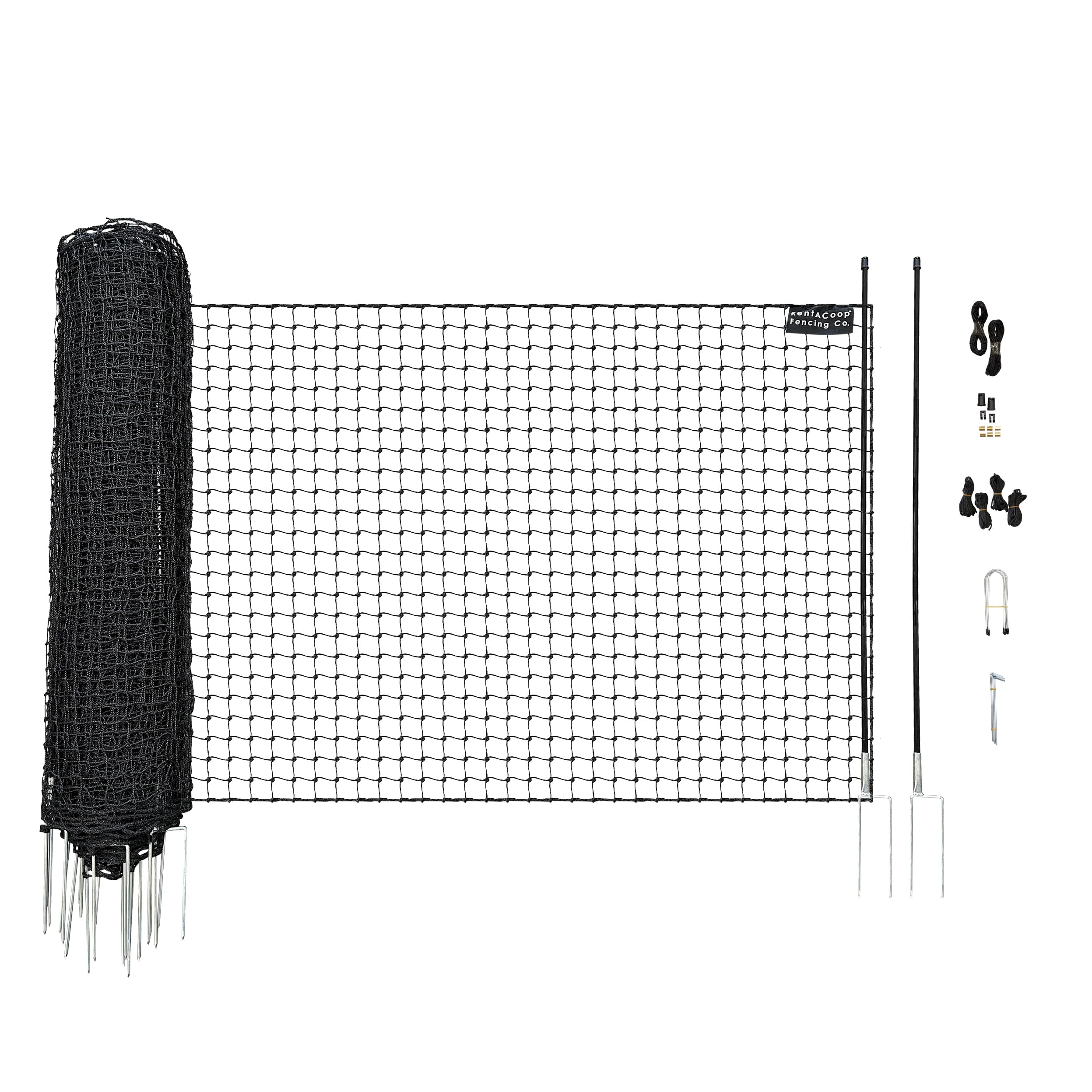 RentACoop Non Electric Black Fence 48" x100' - Includes Fence Netting, Double-Spiked Posts, U-Shaped Stakes with Guylines, Metal Hooks, and Repair Kit - Suitable for Pets, Chickens, or Boundary Fence