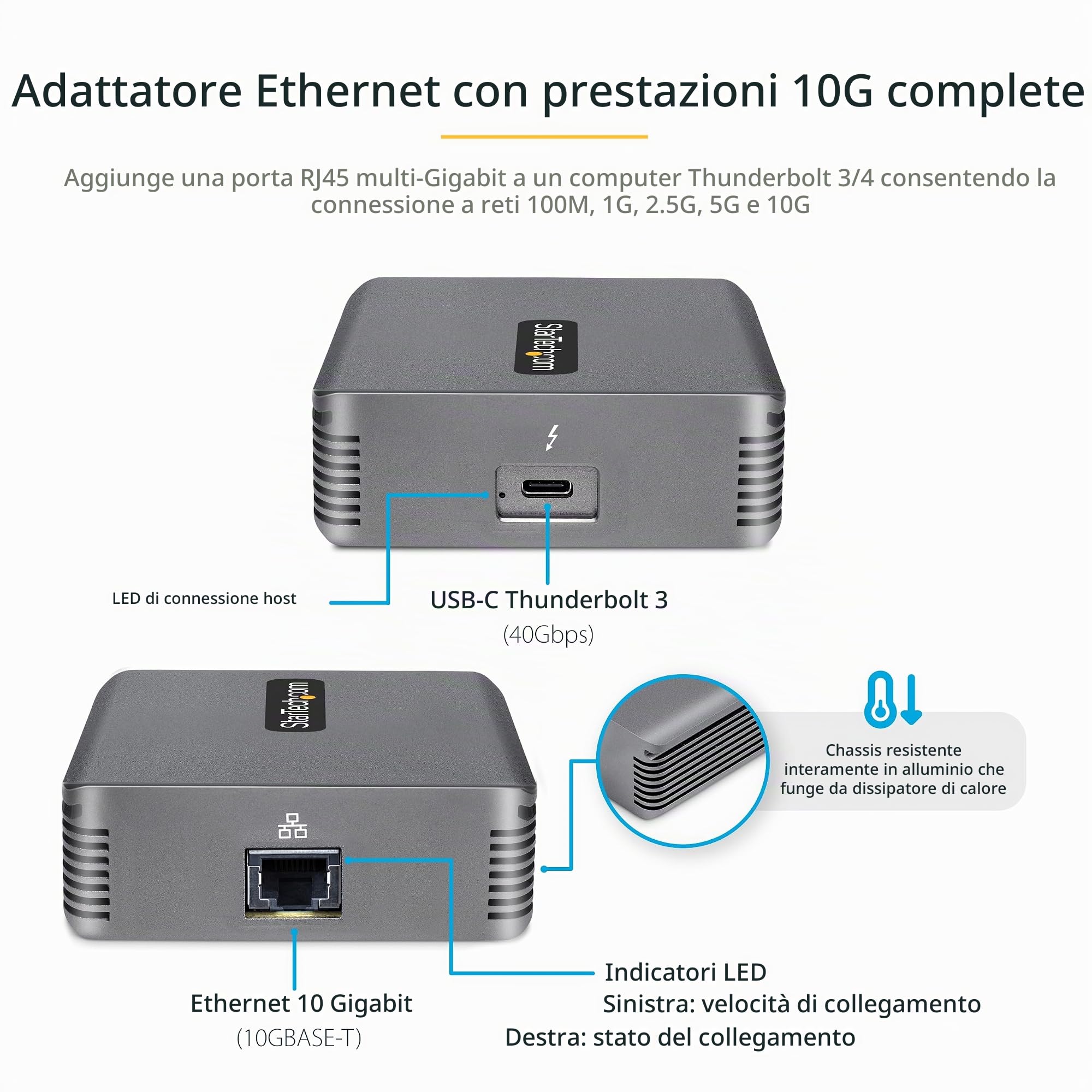 StarTech Adattatore Thunderbolt 3 a Ethernet 10GbE, Win/Mac (TB310G2) | Uscita RJ45, NIC 10GBASE-T/5-2,5GBASE-T, Adattatore di Rete LAN
