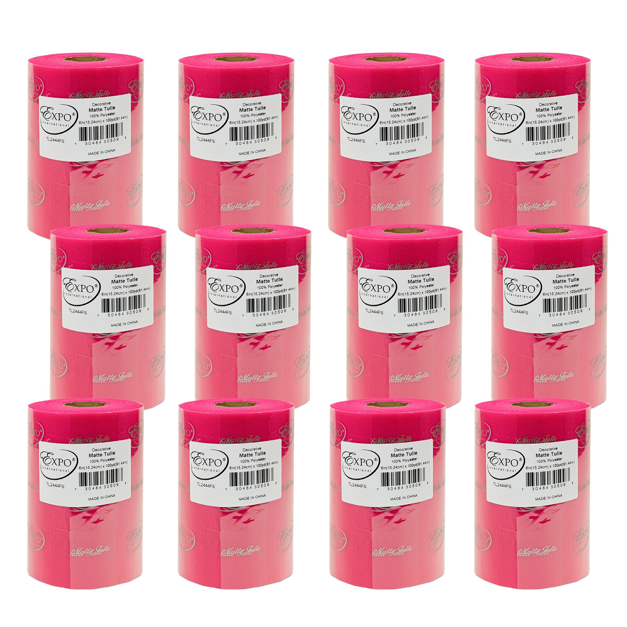 Expo International Decorative Matte Tulle, Roll/Spool of 6” X 100 Yards, Lightweight Polyester Tulle Fabric for Tutus, Costumes, and Party Decorations, Washable, Easy-to-Use, Pack of 12, Fuchsia