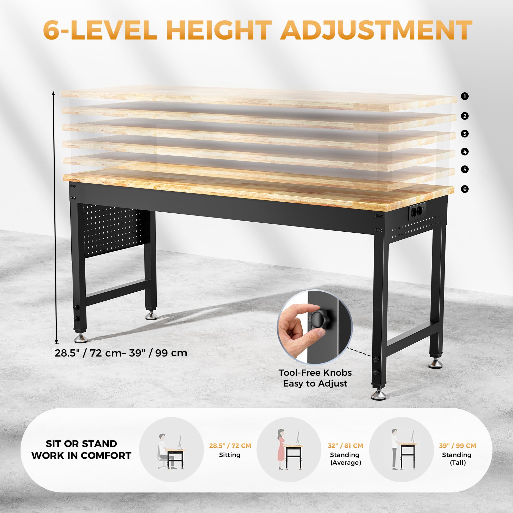 Établi Atelier Garage 152 x 55 cm, Table de Travail Robuste en Bois de Caoutchouc Massif, Capacité 907 kg, 6 Hauteurs(72-99 cm), Panneau Latéral Perforé avec Multiprise, pour Garage (152 x 55 cm)
