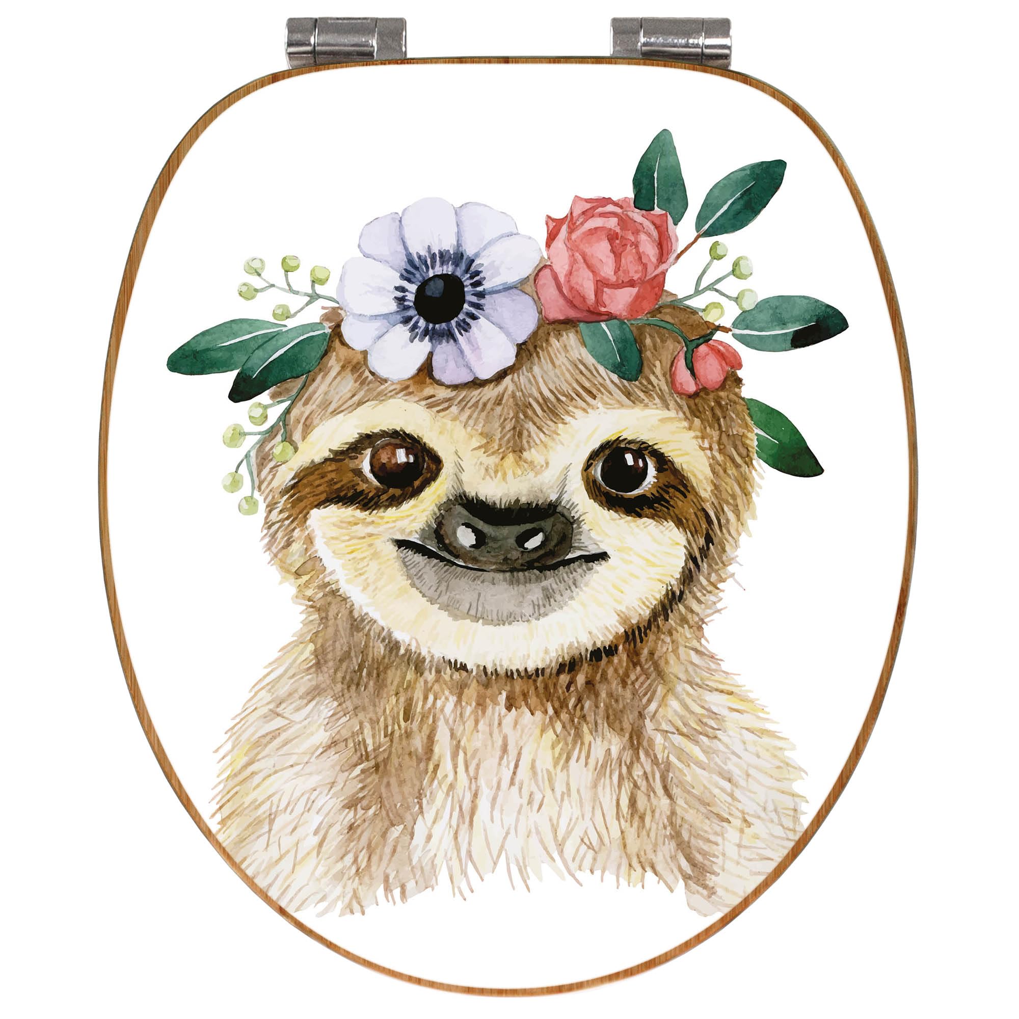 banjado Design WC Sitz Bambus Absenkautomatik 45,8x37,5cm - Toilettendeckel mit Absenkautomatik Holz - hochwertiger Bambus Klodeckel - WC-Sitz für gängigen Toiletten - Motiv Fröhliches Faultier mit Bl