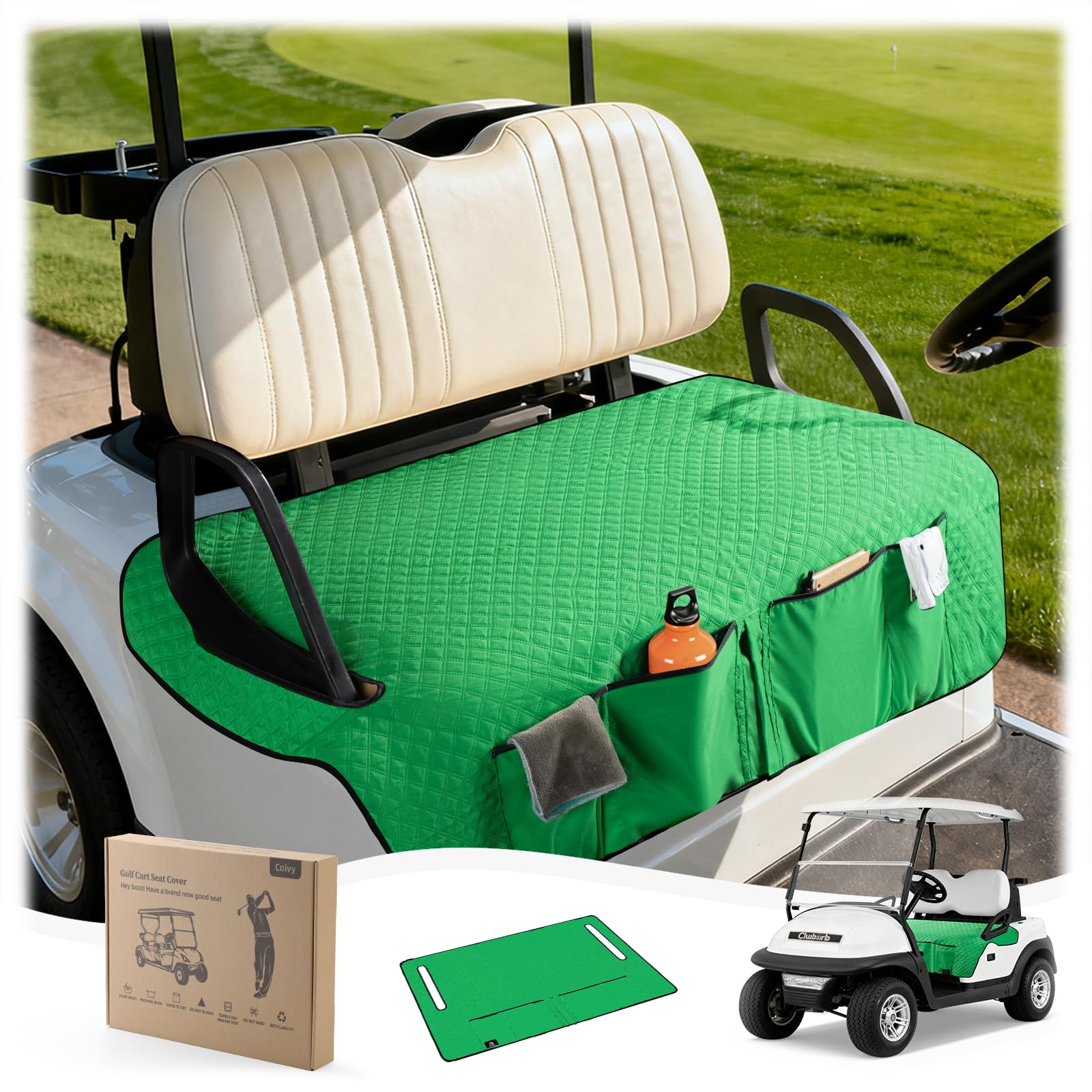 Coivy Golf Cart Seat Covers,Golf Cart Seat Towel Blanket with 4 Front Pockets & Nonskid Bottom Fits for EZGO, Yamaha, Club Car and More 2 Person Seats