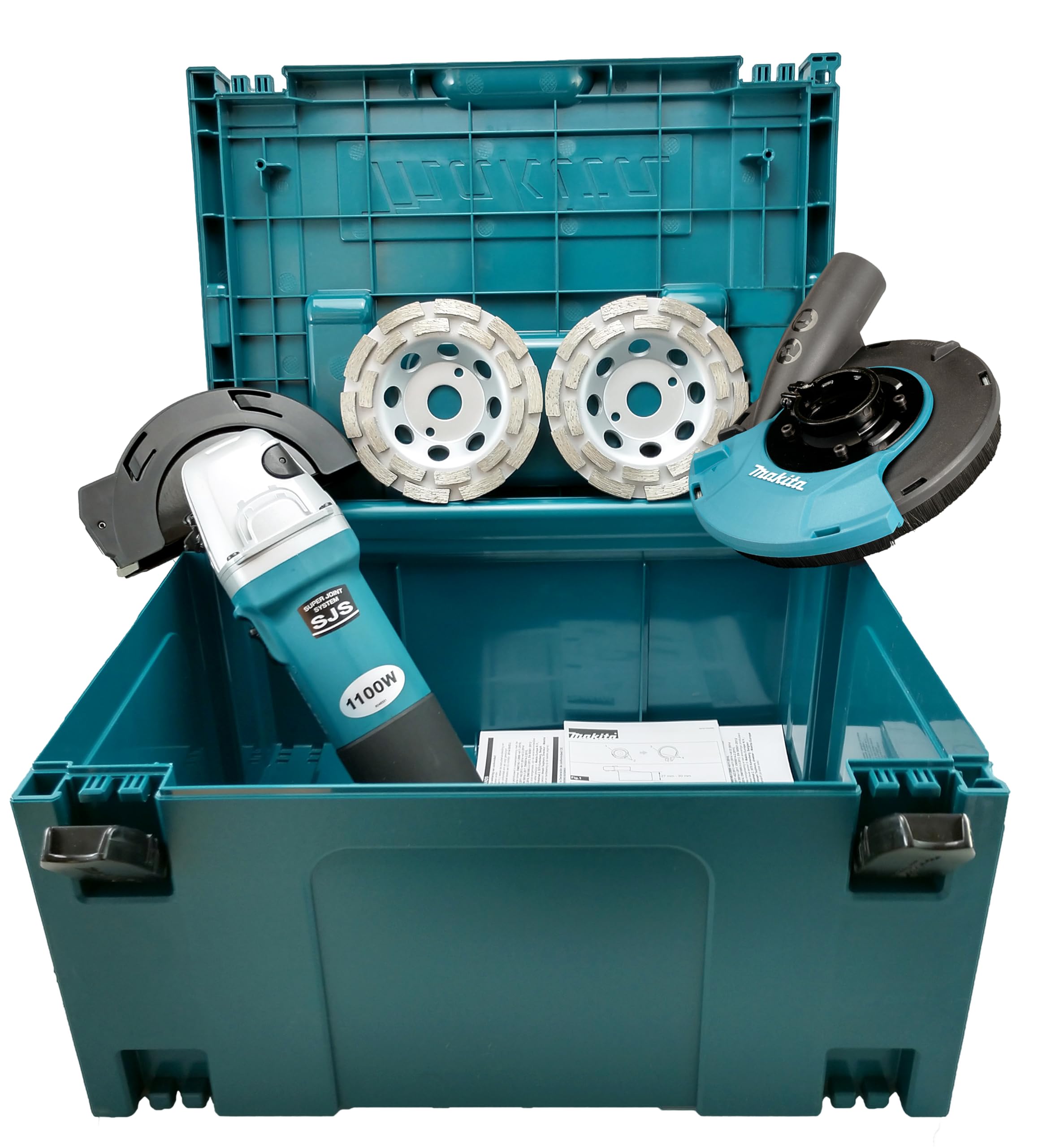 Makita Betonschleifer Set. Sanierungsfräse 1100W Power Set im MakPac Koffer. Mit Absaughaube 191W06-8 + 2x Premium Diamantschleiftopf