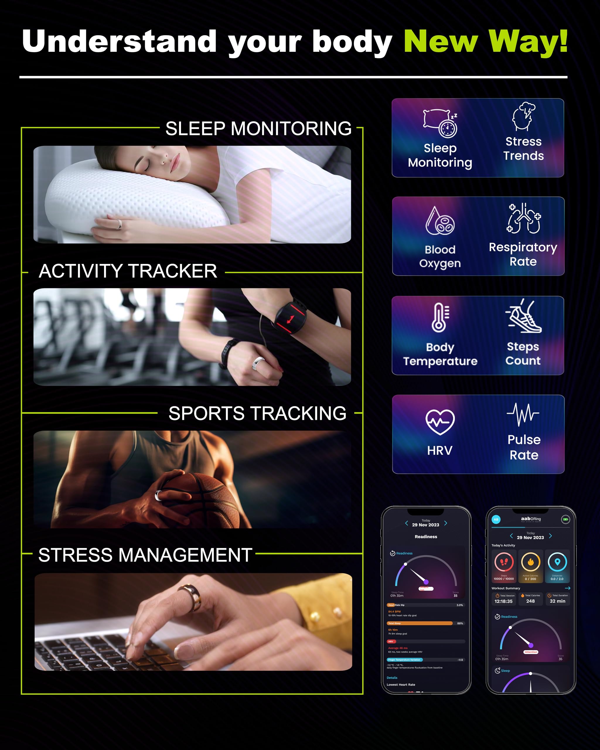 aaboRing Smart Ring, Men, Women, Track Heart Rate, Fitness, Activity, Sleep Stress Monitoring, Step Count, Up to 7 Days of Battery Life, Titanium, No App Subscription, Rose Gold 12