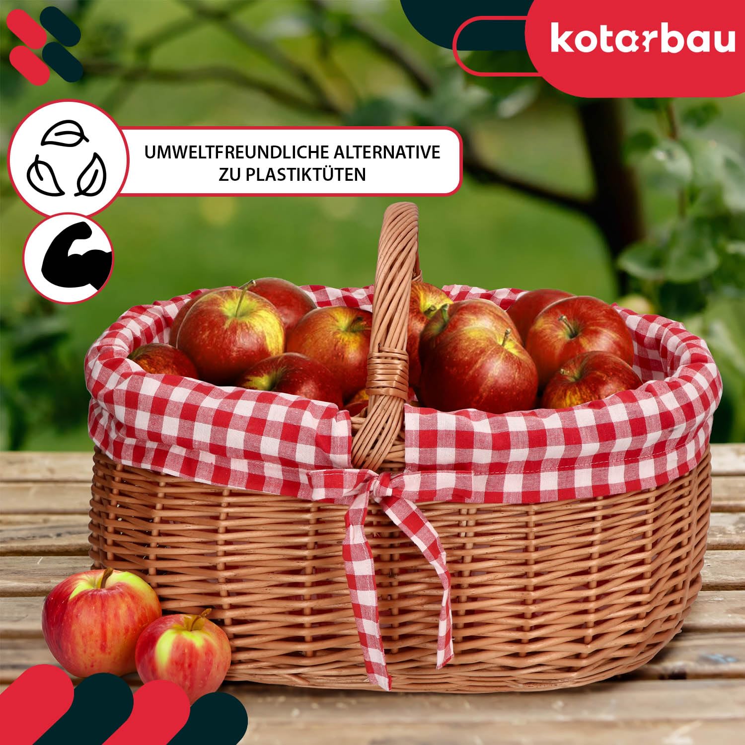KOTARBAU® Cesta de Mimbre - con Asa - 46 x 32 x 43 cm - Marrón - Cesta Setas - Compra Picnic - con Forro de Tela a Cuadros Rojos - Decorativa - Ligera