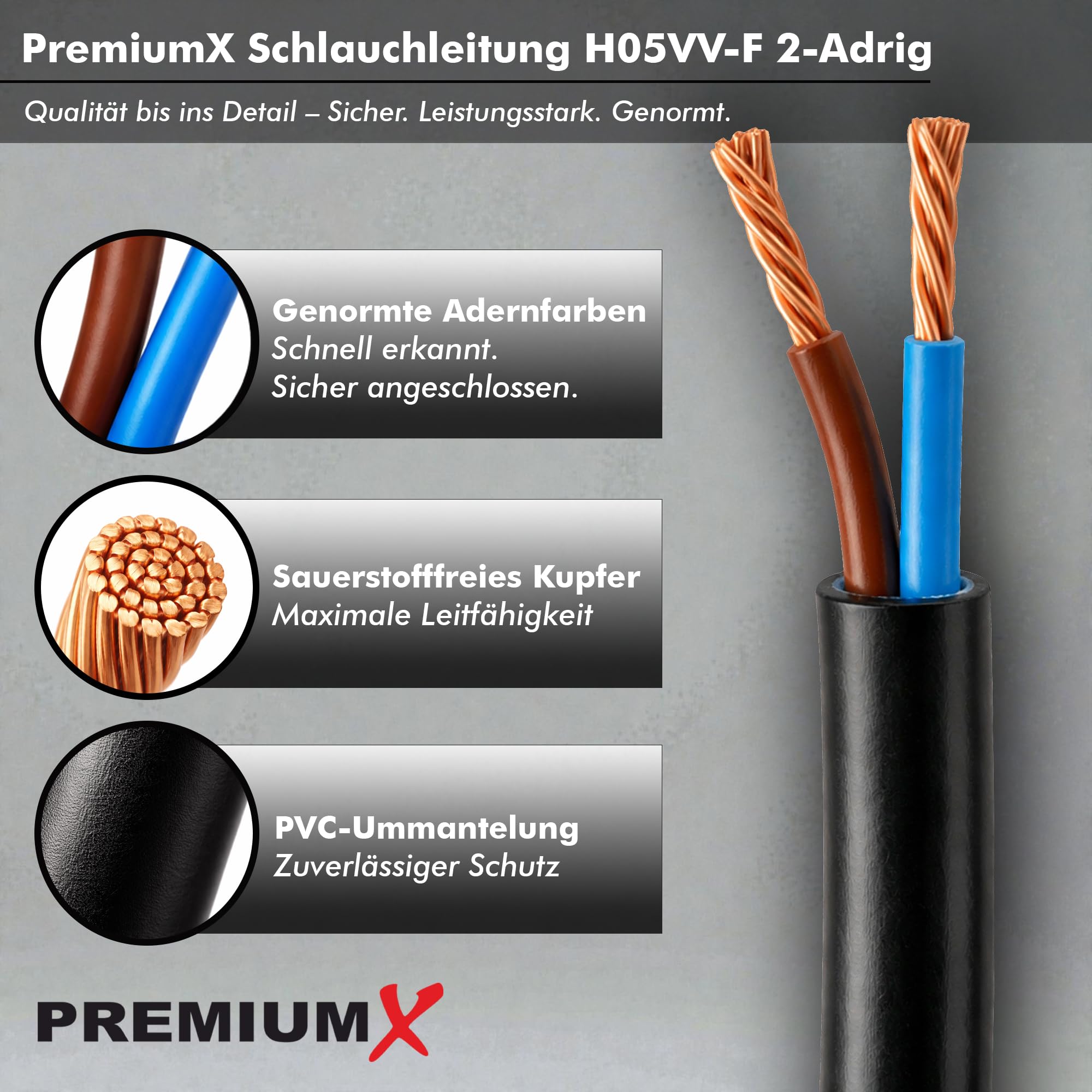 Premium X Tubo flessibile H05VV-F 2 × 2,5 mm² – Cavo flessibile in PVC per collegamenti elettrici interni – 10 metri