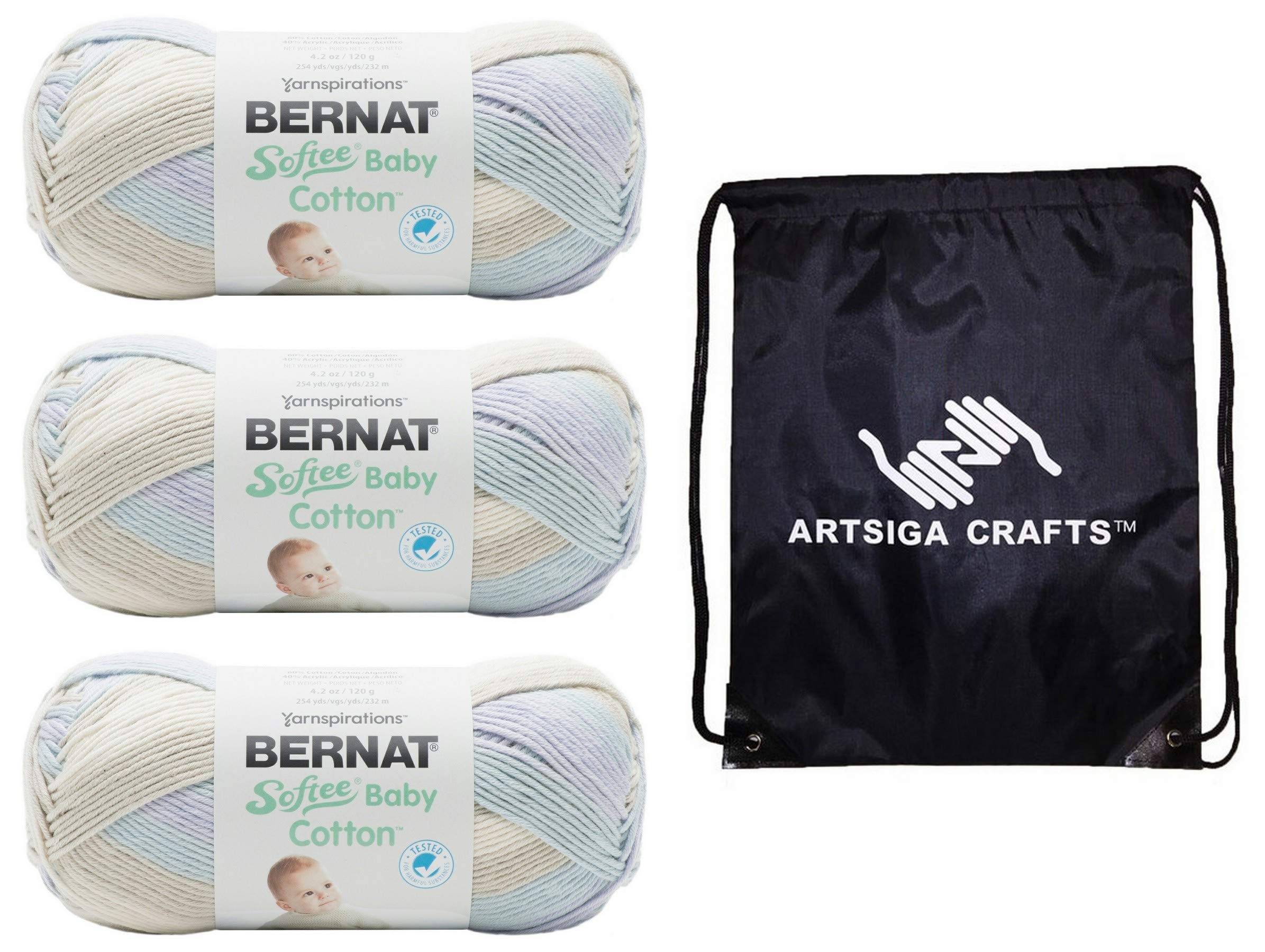 Bernat Knitting Yarn Softee Baby Cotton Rainstorm Variegated 3-Skein Factory Pack (Same Dyelot) 166052-52018 Bundle with 1 Artsiga Crafts Project Bag