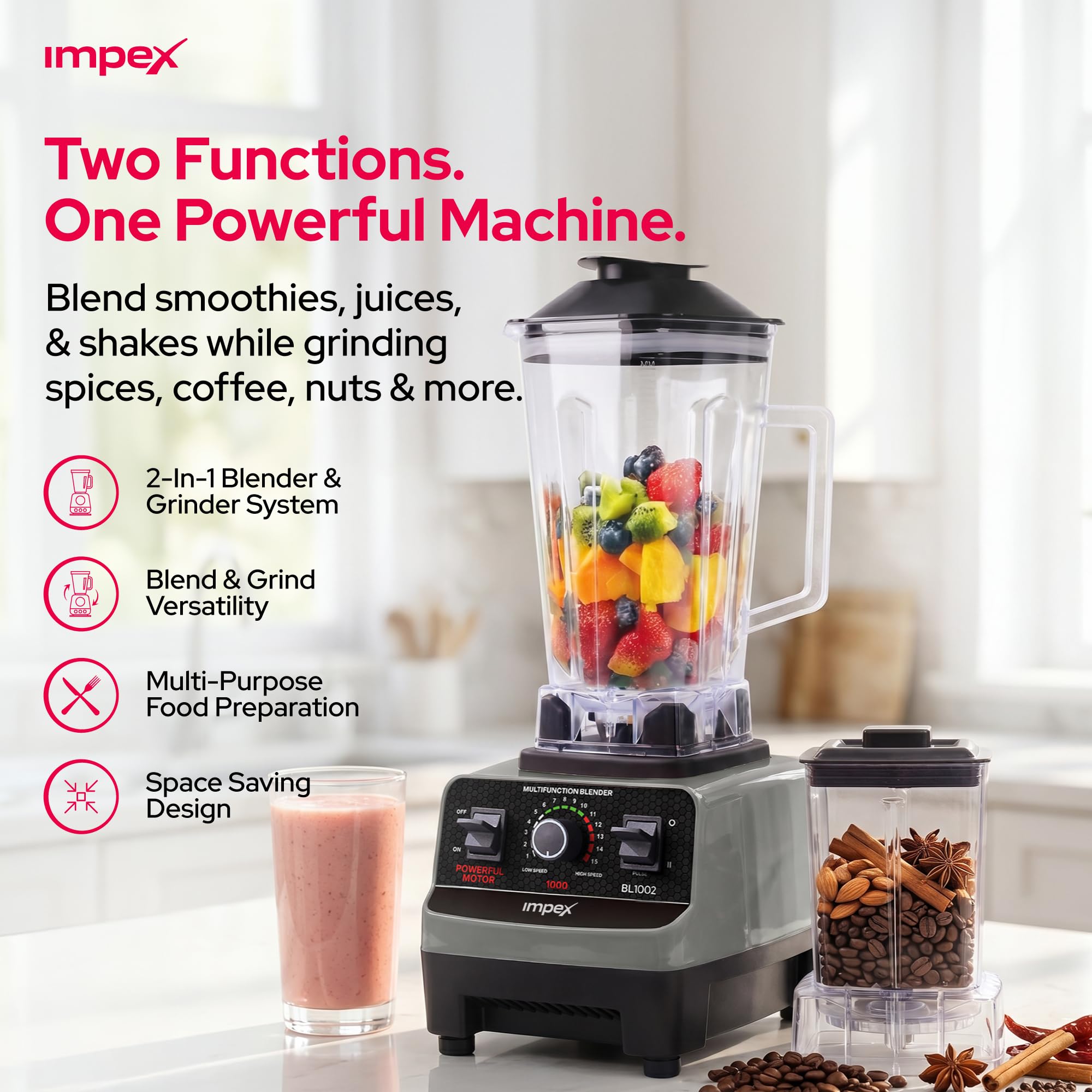 Impex 2 in 1 Blender 400W High-Speed Kitchen Blender & Grinder, 2L