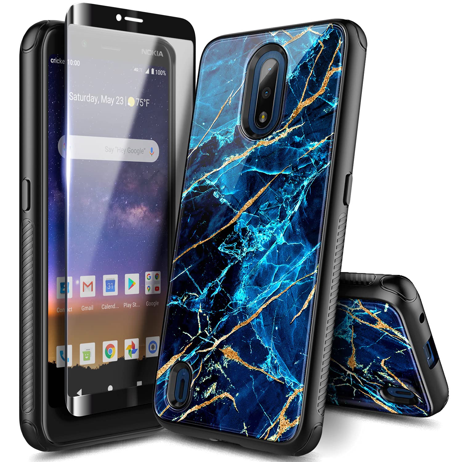 NZND Case for Nokia C2 Tava/Nokia C2 Tennen (Cricket Wireless) with Tempered Glass Screen Protector (Maximum Coverage), Hybrid Defender Protective Shockproof Durable Case -Marble Design Sapphire