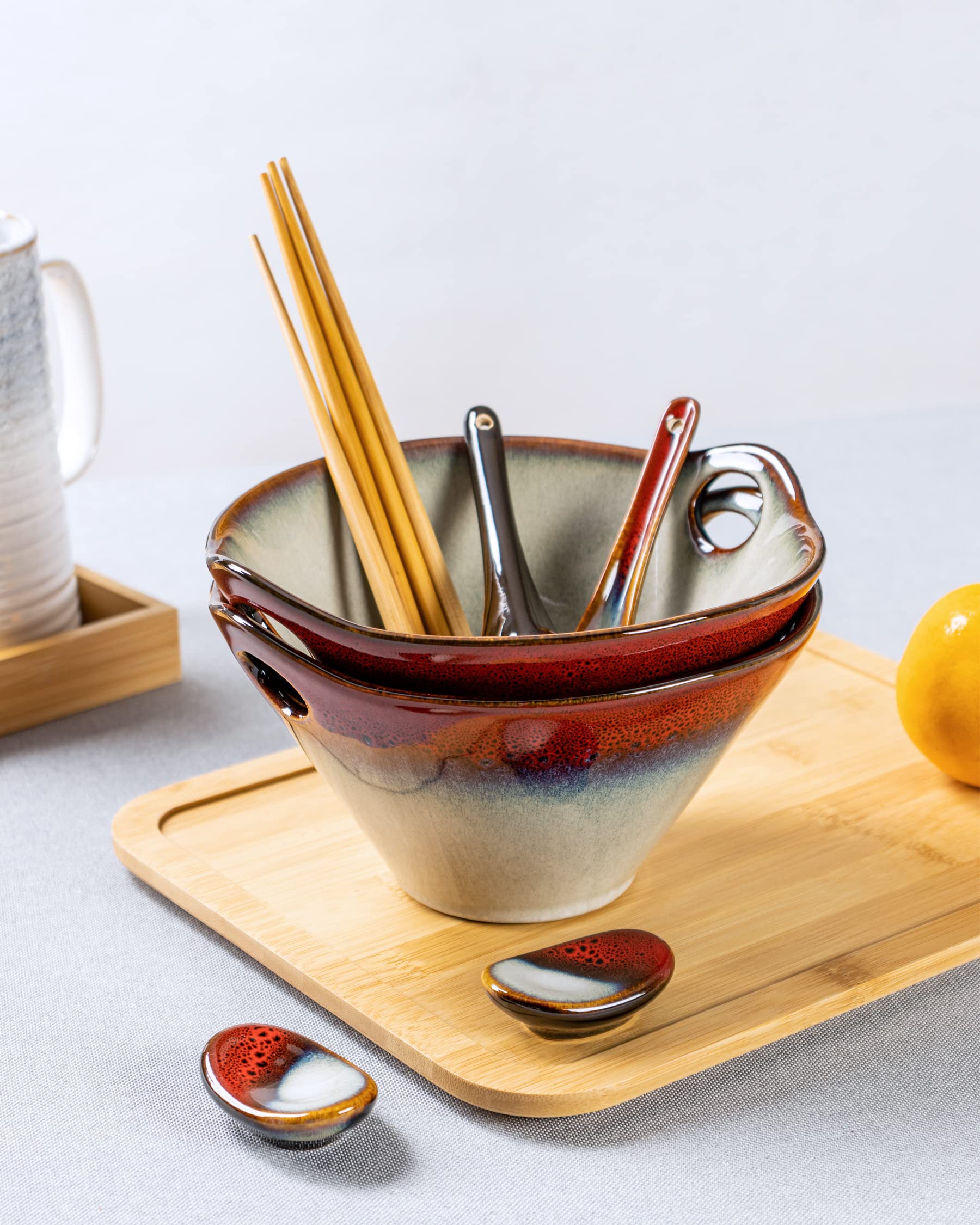 600 ml keramische ramenkom, set van 2 ramen noedels soepkommen met eetstokjes, lepel en lepelrust, Japans servies Ramen Bowl komset voor Aziatische levensmiddelen noedels, gradient groen
