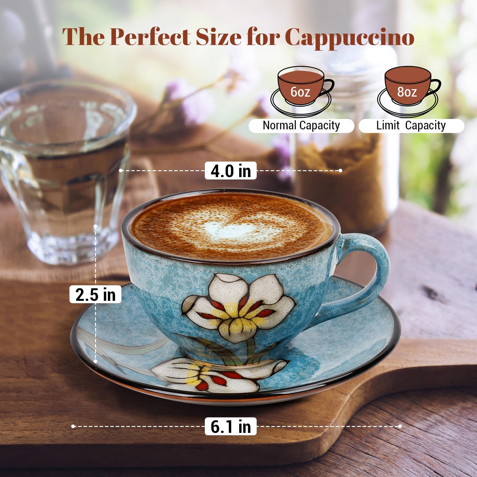 Katathani Cappuccino Cups Set of 4, 8 Oz Ceramic Coffee Cups with Saucers for Espresso, Tea, Latte – Hand-Painted Porcelain Underglaze Design