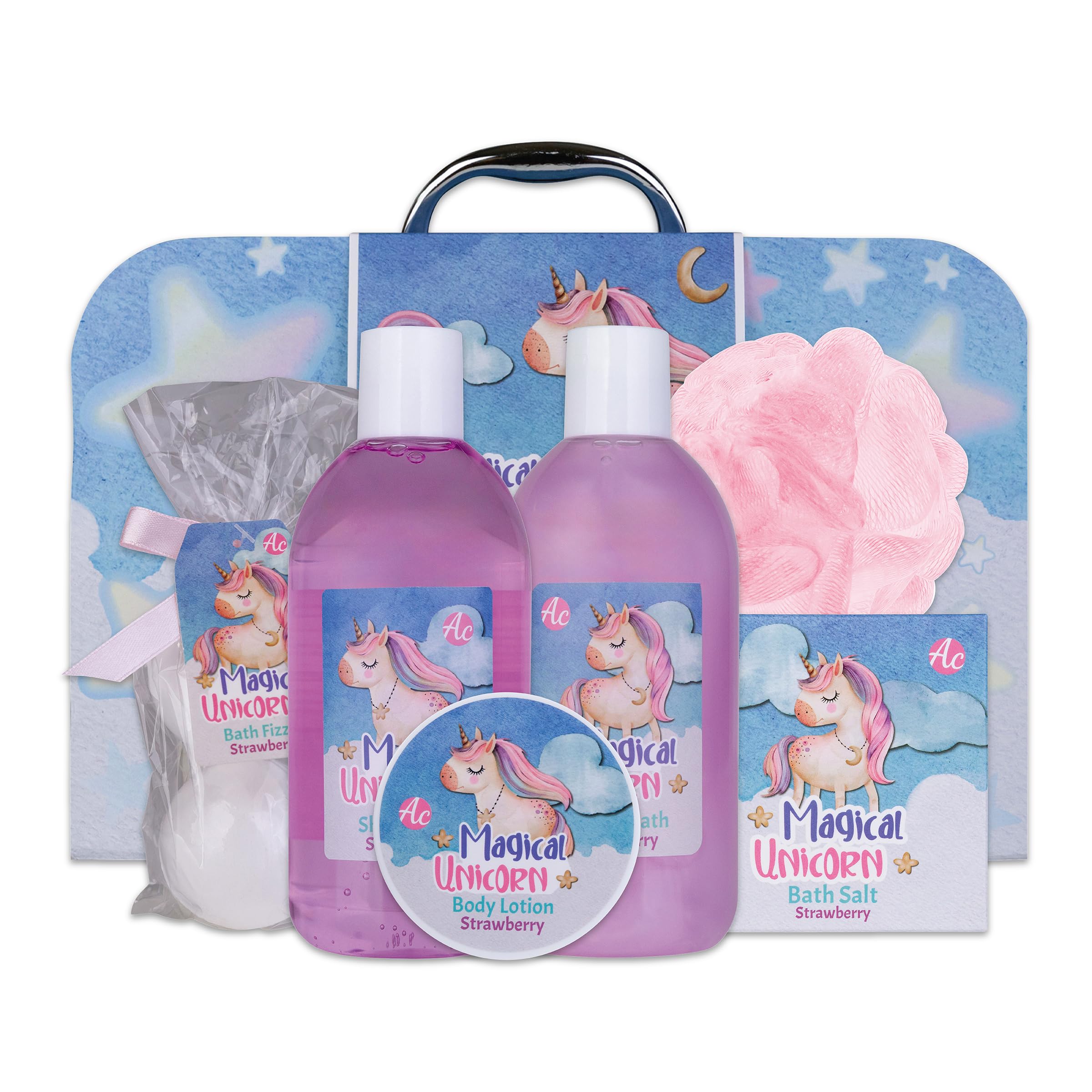 Accentra – Set regalo Magic Unicor per ragazze e donne – Set doccia 6 pezzi con bagno di schiuma, bomba da bagno, gel doccia, lozione per il corpo e altro ancora – Set per la cura con fragola e