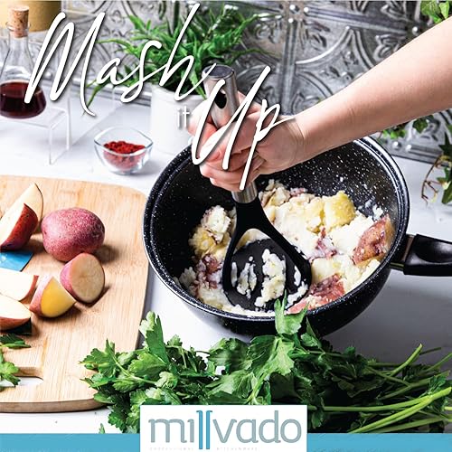 Miniatura 5 de Millvado Triturador de patatas, mango de acero inoxidable fuerte con base de plástico resistente, triturador de papas negro de 11.5 pulgadas,