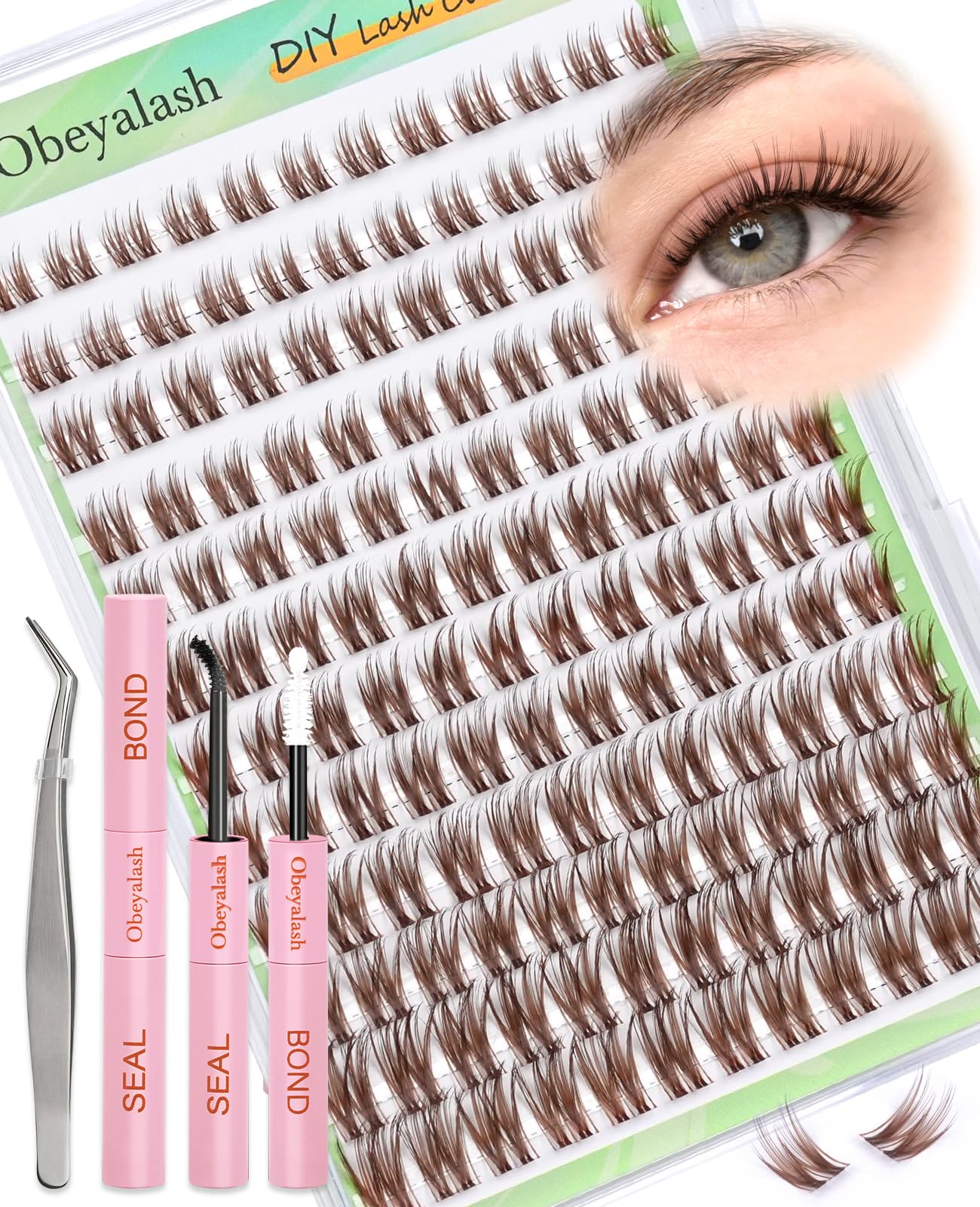 Obeyalash Sztuczne rzęsy brązowe rzęsy - zestaw do przedłużania rzęs 144 szt. brązowe lash klaster zestaw C Curl Clear Band Cluster Lashes Natural With Bond and Seal 8-16 mm DIY at Home (FD29)