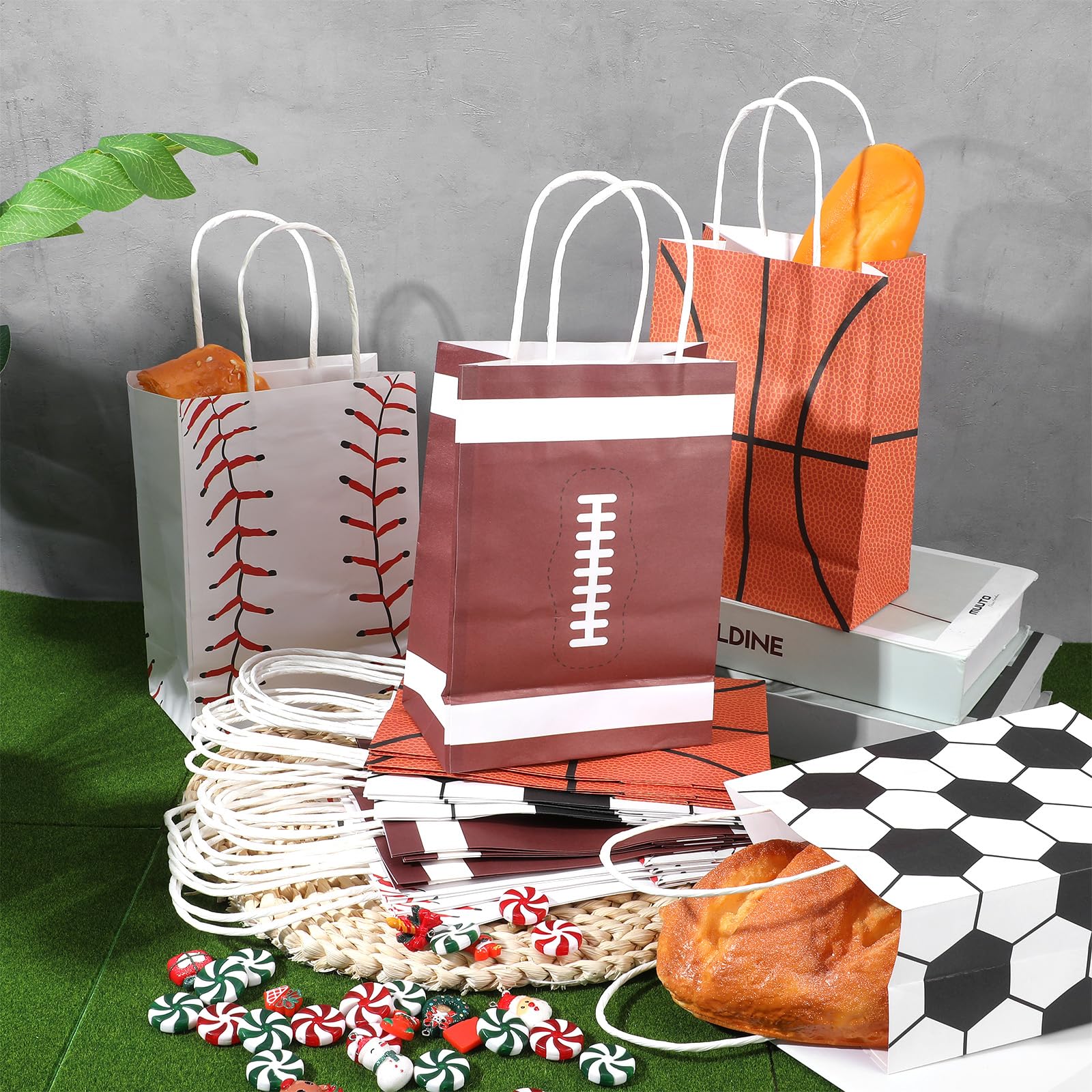xozeooeu 48 szt. torby na upominki na imprezę sportową z uchwytami – piłka nożna, baseball, koszykówka, piłka nożna, torby na smakołyki na przyjęcie urodzinowe o tematyce sportowej