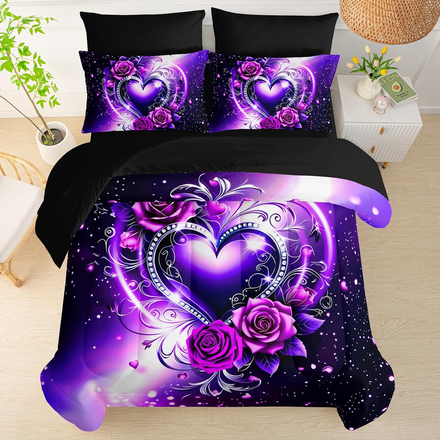 QOOMO 7 Pieces Purple Love Heart Comforter Set King Size image 3