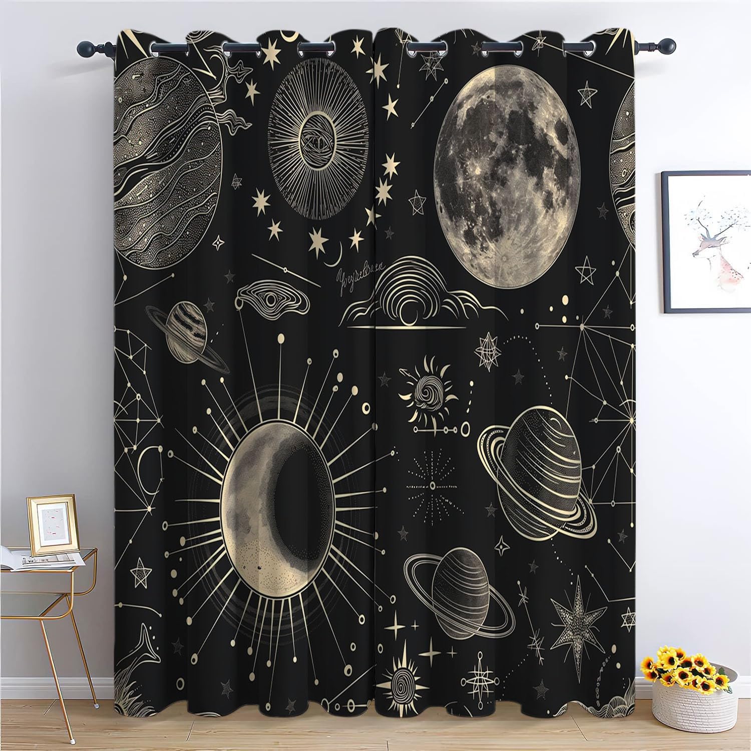 CozyRest Vintage Design Style Blackout Curtains for Bedroom Sun Moon Planet Celestial Elements Eyelet Thermal Curtains & Drapes Curtain for Window Treatment Living Room/Kitchen 110" W x 102" L