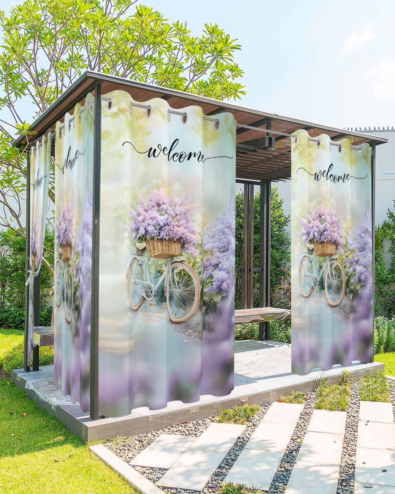 Waterproof Outdoor Curtains for Patio Porch, Spring Gradient Watercolor Floral Grommet Curtain Panel Windproof Outside Curtains Tieback, Welcome Quote Seamless Weighted Window Treatment Drapes