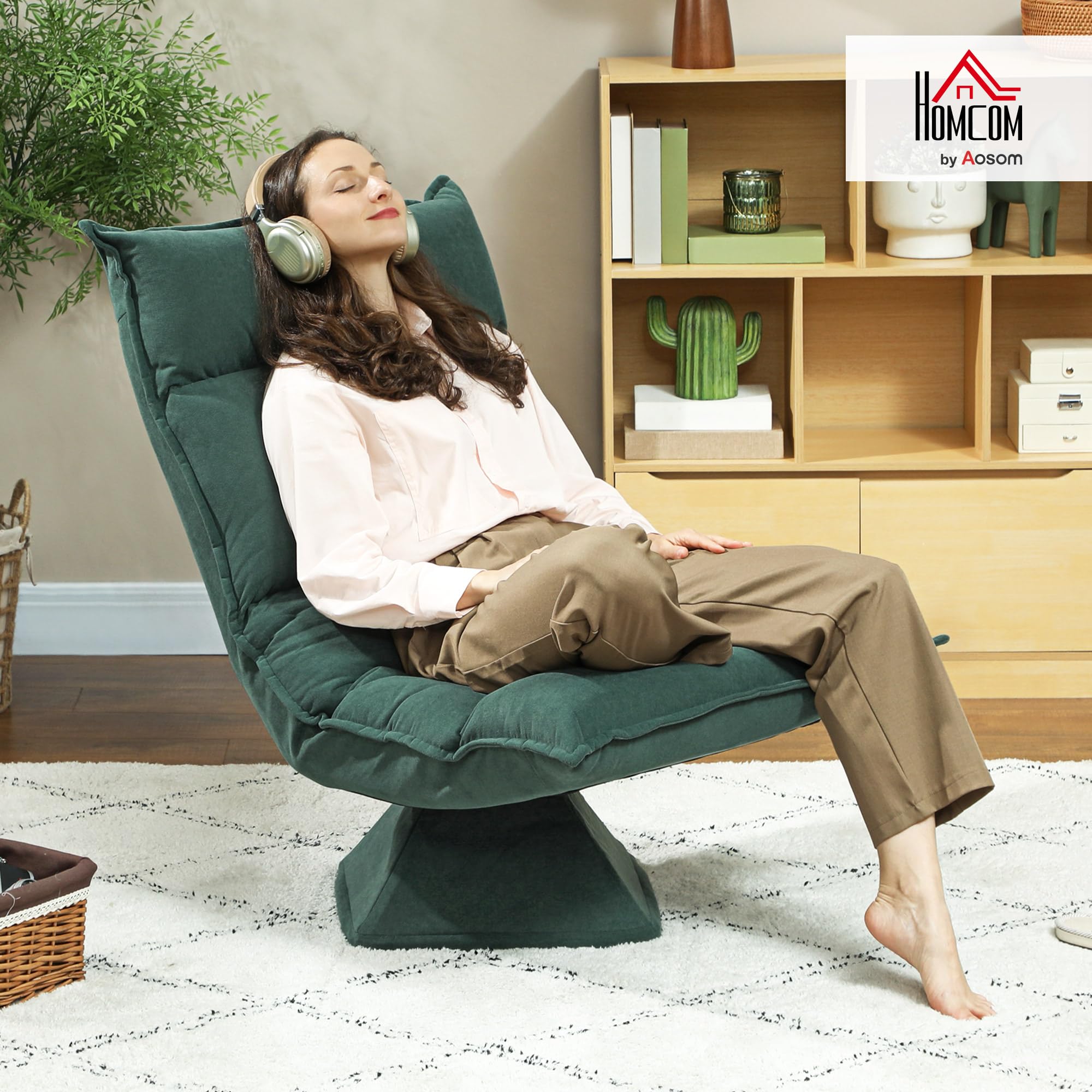 HOMCOM Chaise de sol, pivotante à 360 °, avec dossier réglable en 5 positions, pliable, pour méditation, salon, jeux et lecture, vert