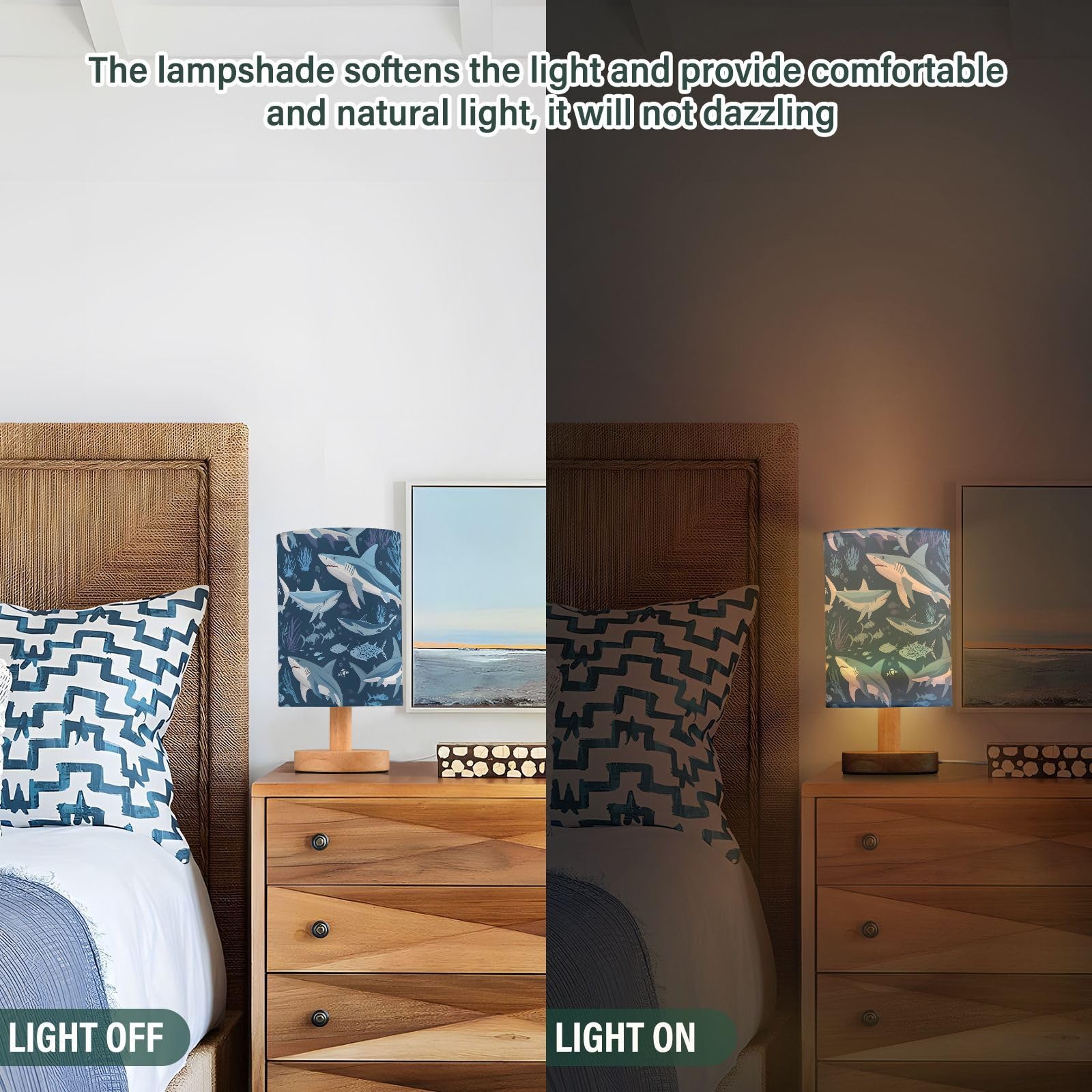 ALAZA Sharks - Lámpara de océano azul para niñas y niños, lámpara de mesita de noche con puerto USB, lámpara LED para mesita de noche para niños, base de madera, decoración de escritorio y sala de